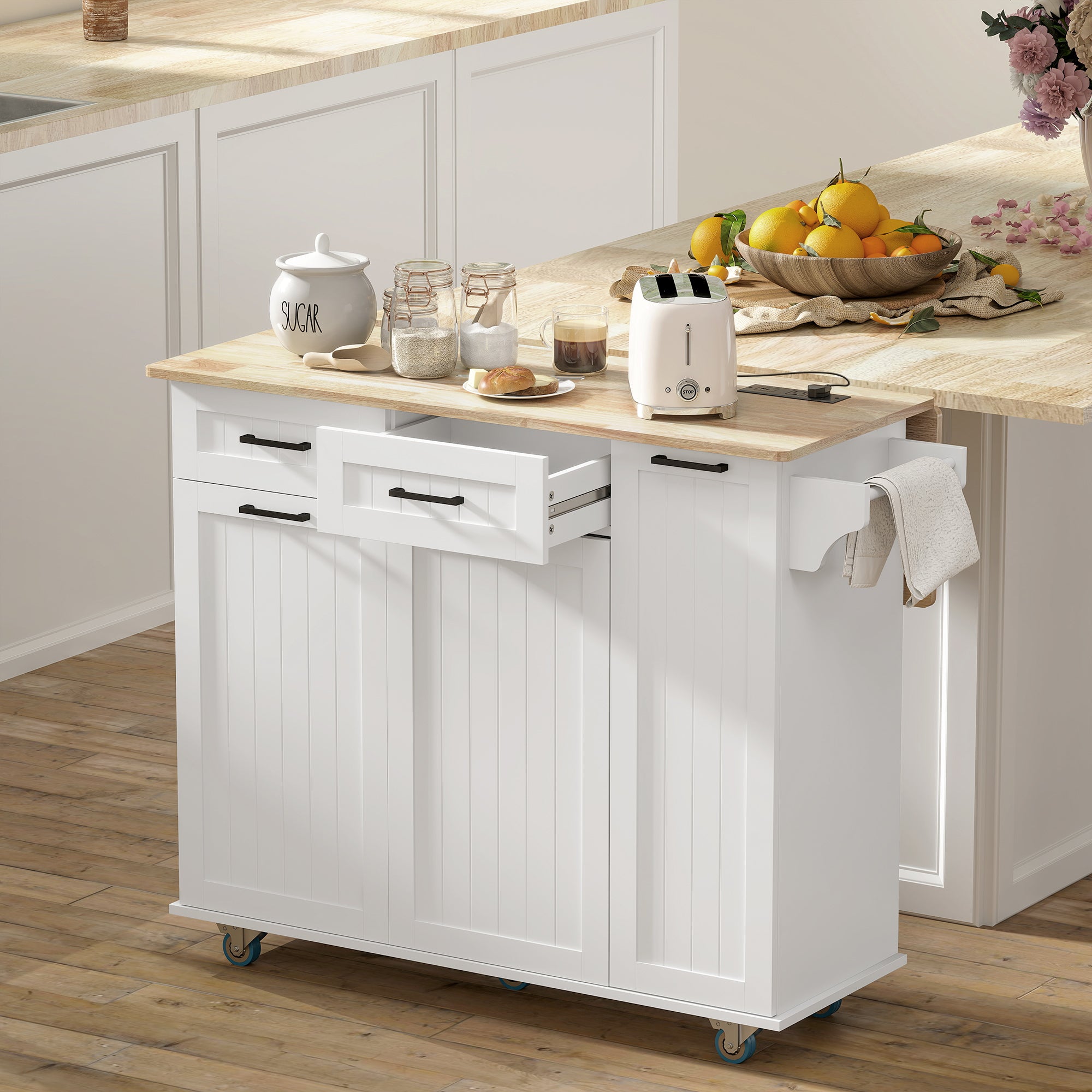 Kitchen Island with Drop Leaf and Charging Station - White-DECOROLALA