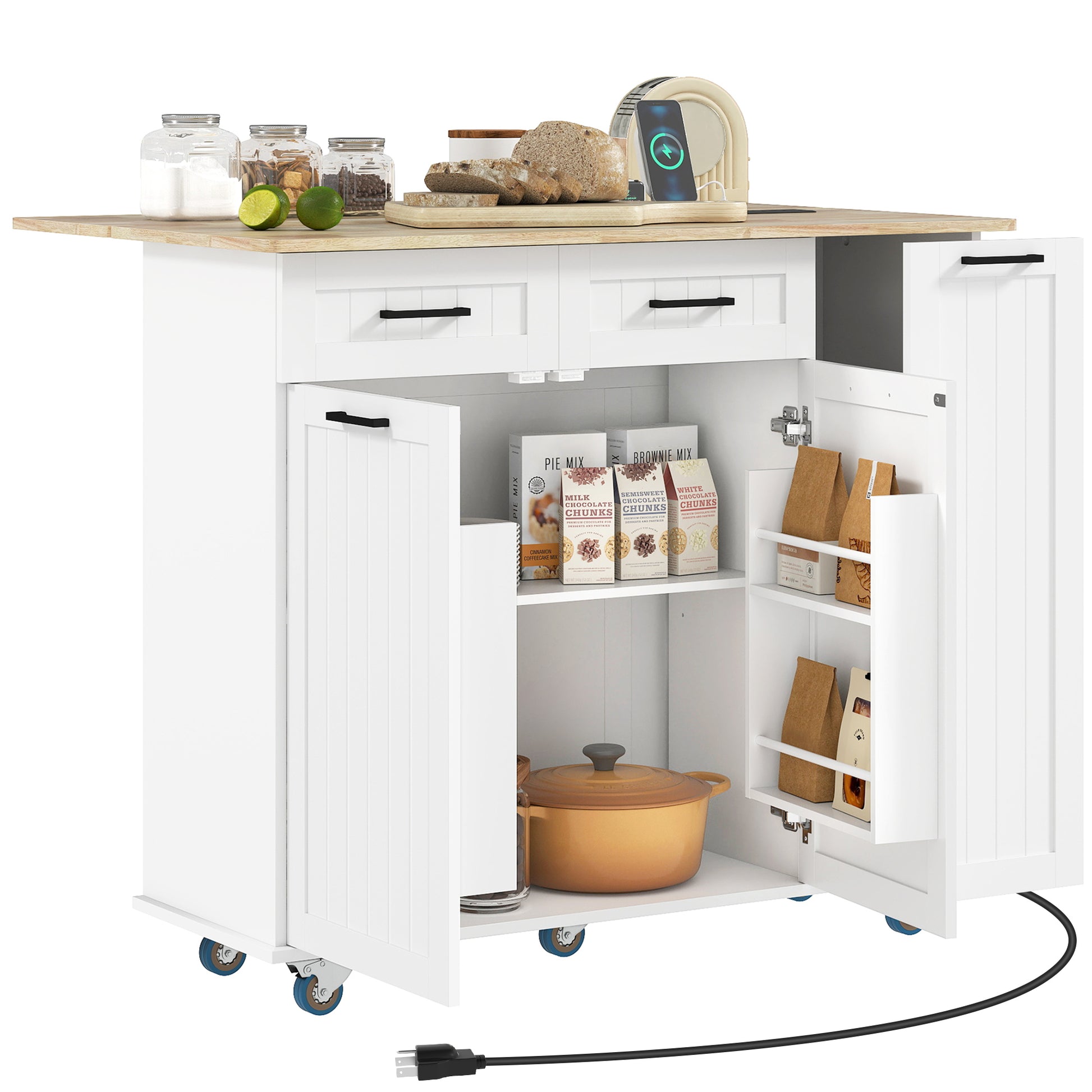 Kitchen Island with Drop Leaf and Charging Station - White-DECOROLALA
