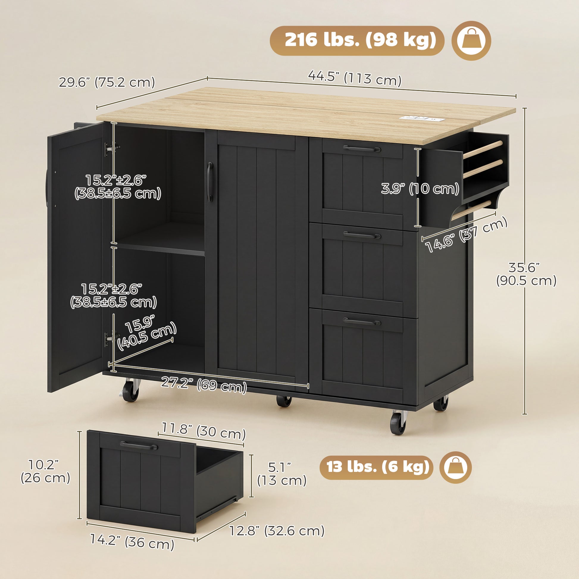 Kitchen Island with Drop Leaf and Power Outlet - Black-DECOROLALA