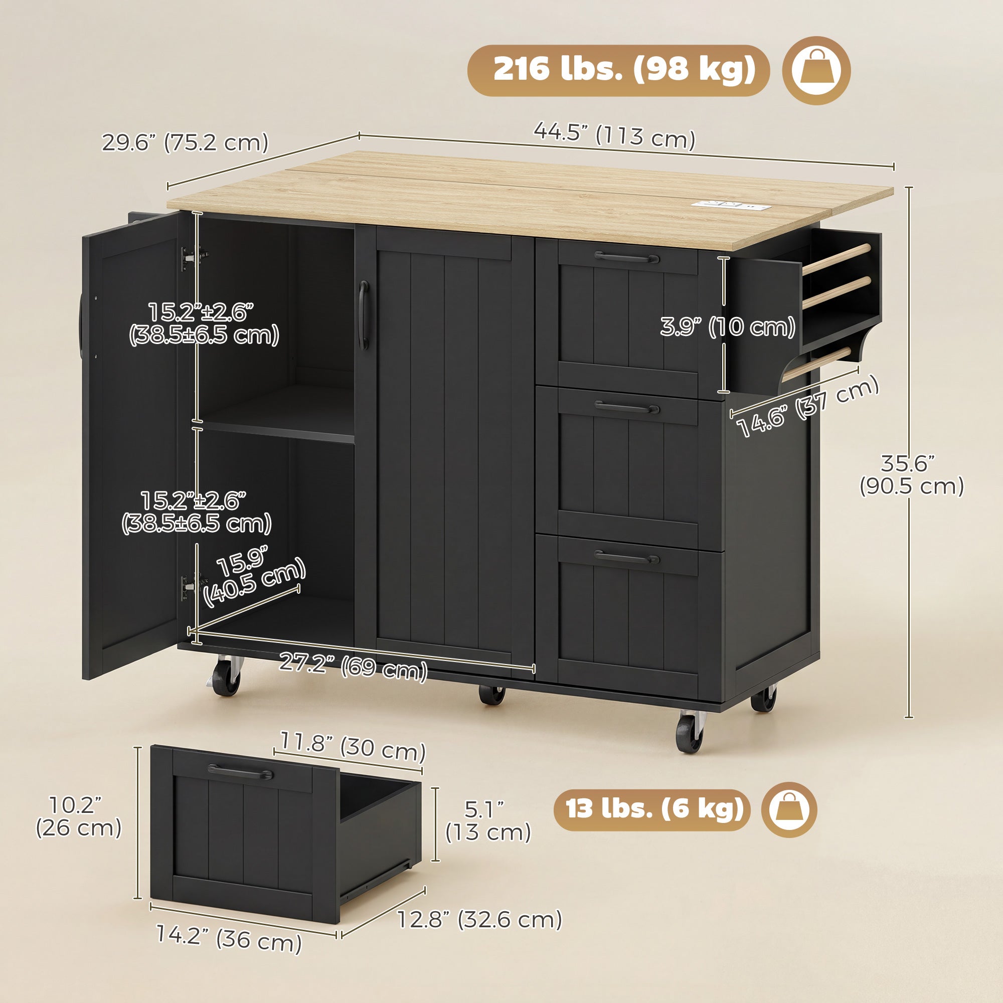 Kitchen Island with Drop Leaf and Power Outlet - Black-DECOROLALA
