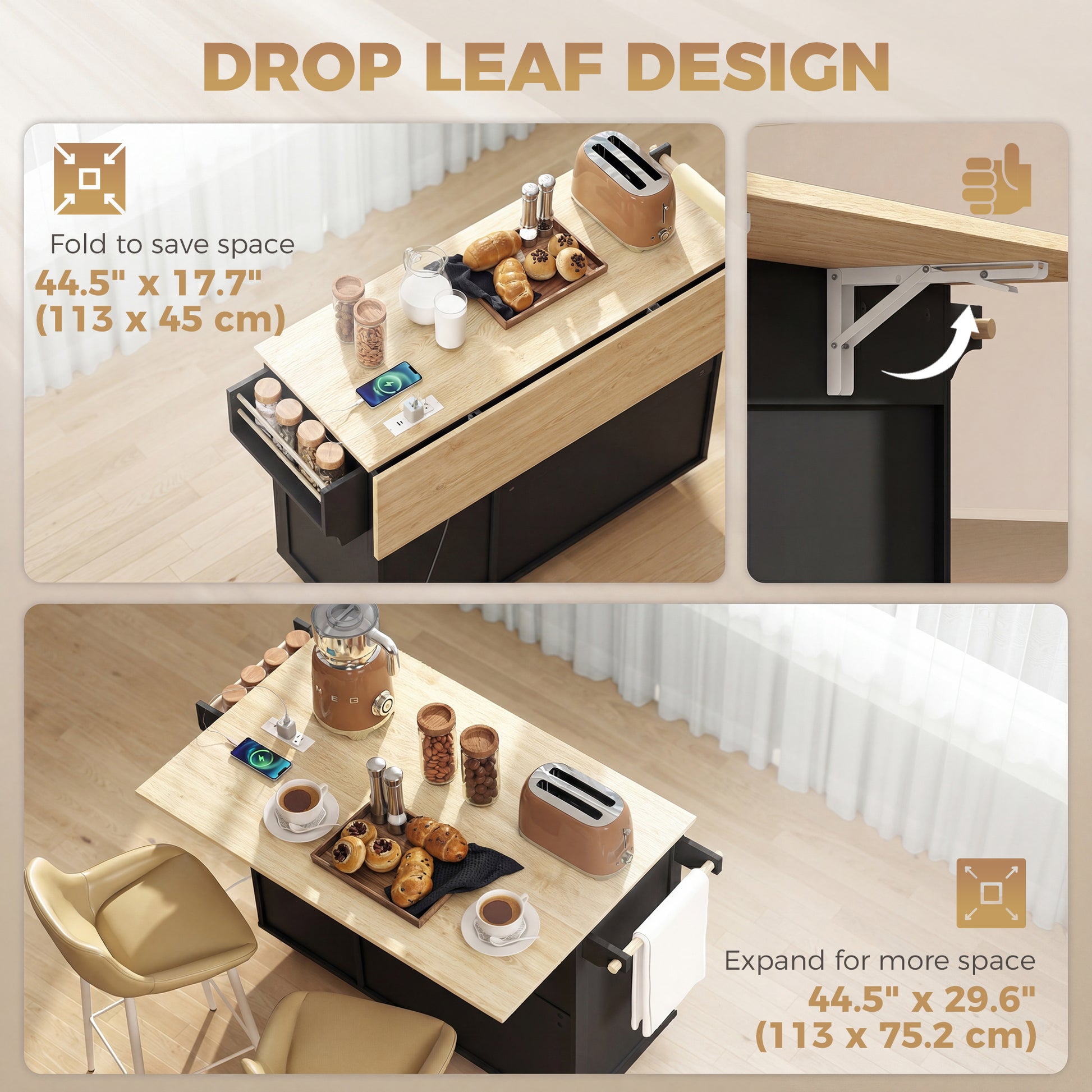 Kitchen Island with Drop Leaf and Power Outlet - Black-DECOROLALA