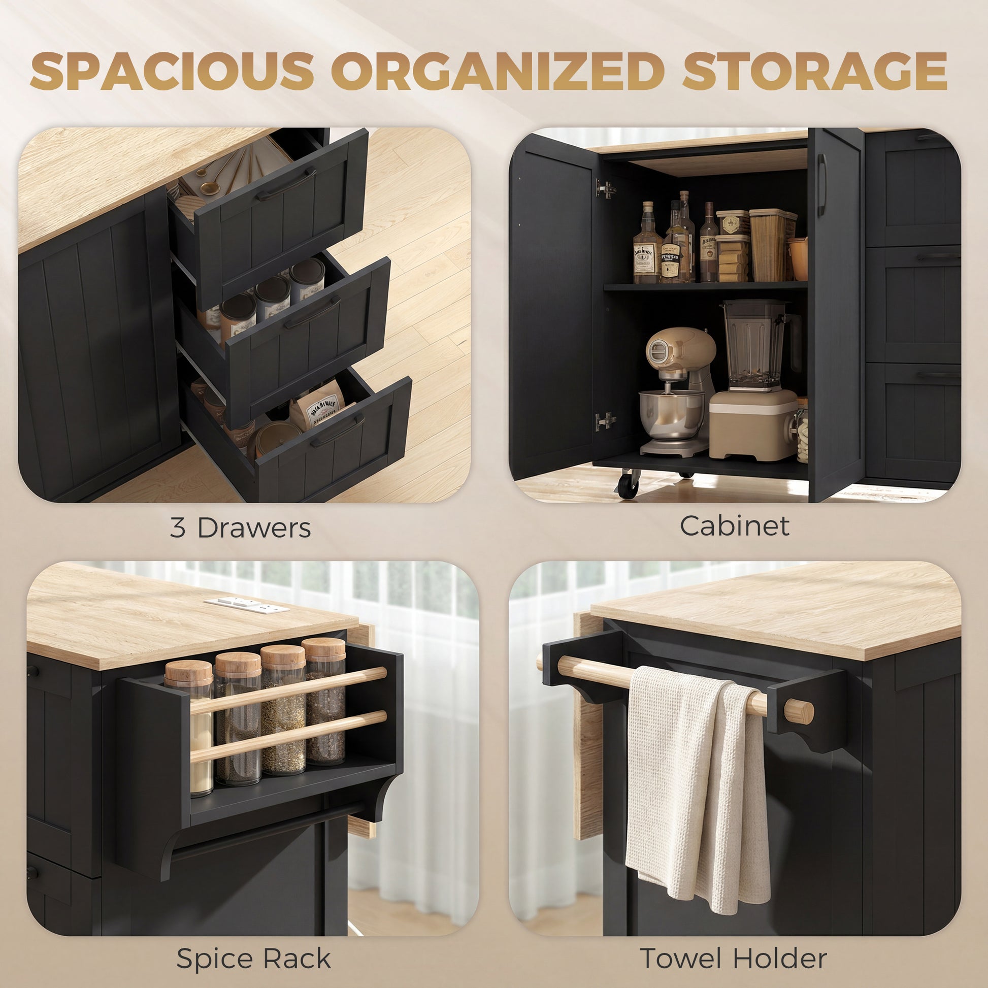 Kitchen Island with Drop Leaf and Power Outlet - Black-DECOROLALA