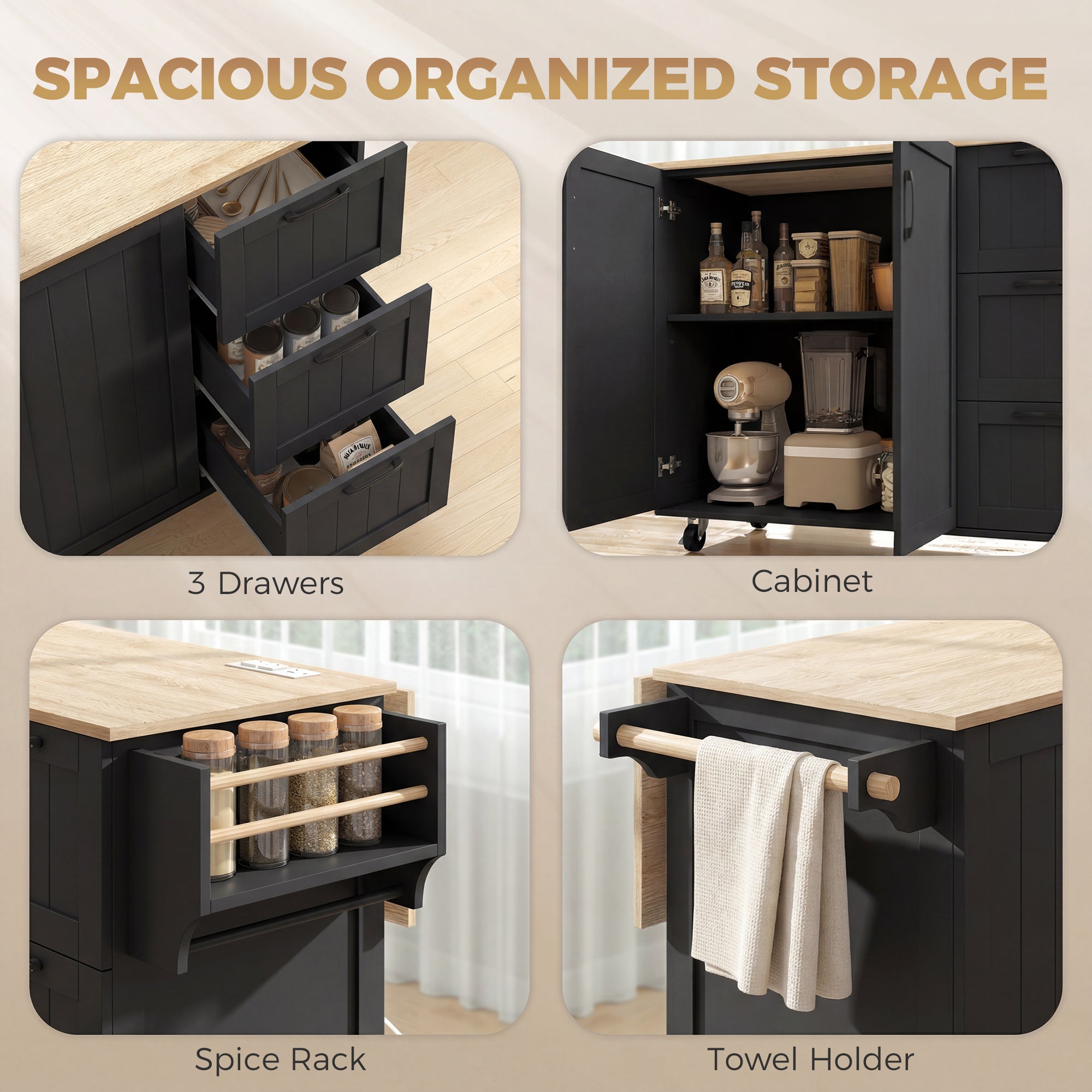 Kitchen Island with Drop Leaf and Power Outlet - Black-DECOROLALA