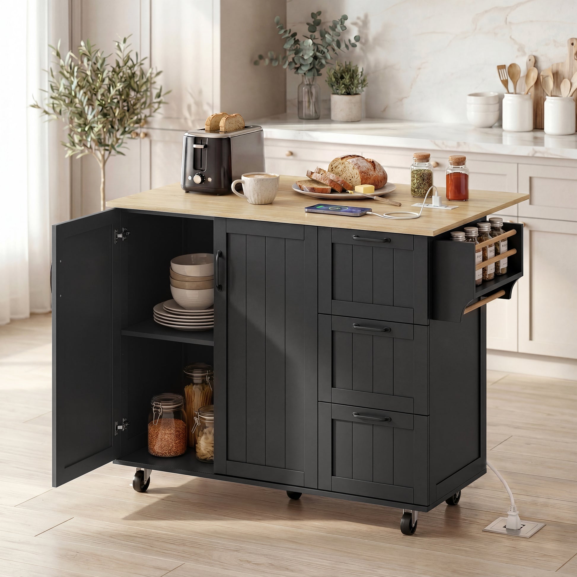 Kitchen Island with Drop Leaf and Power Outlet - Black-DECOROLALA