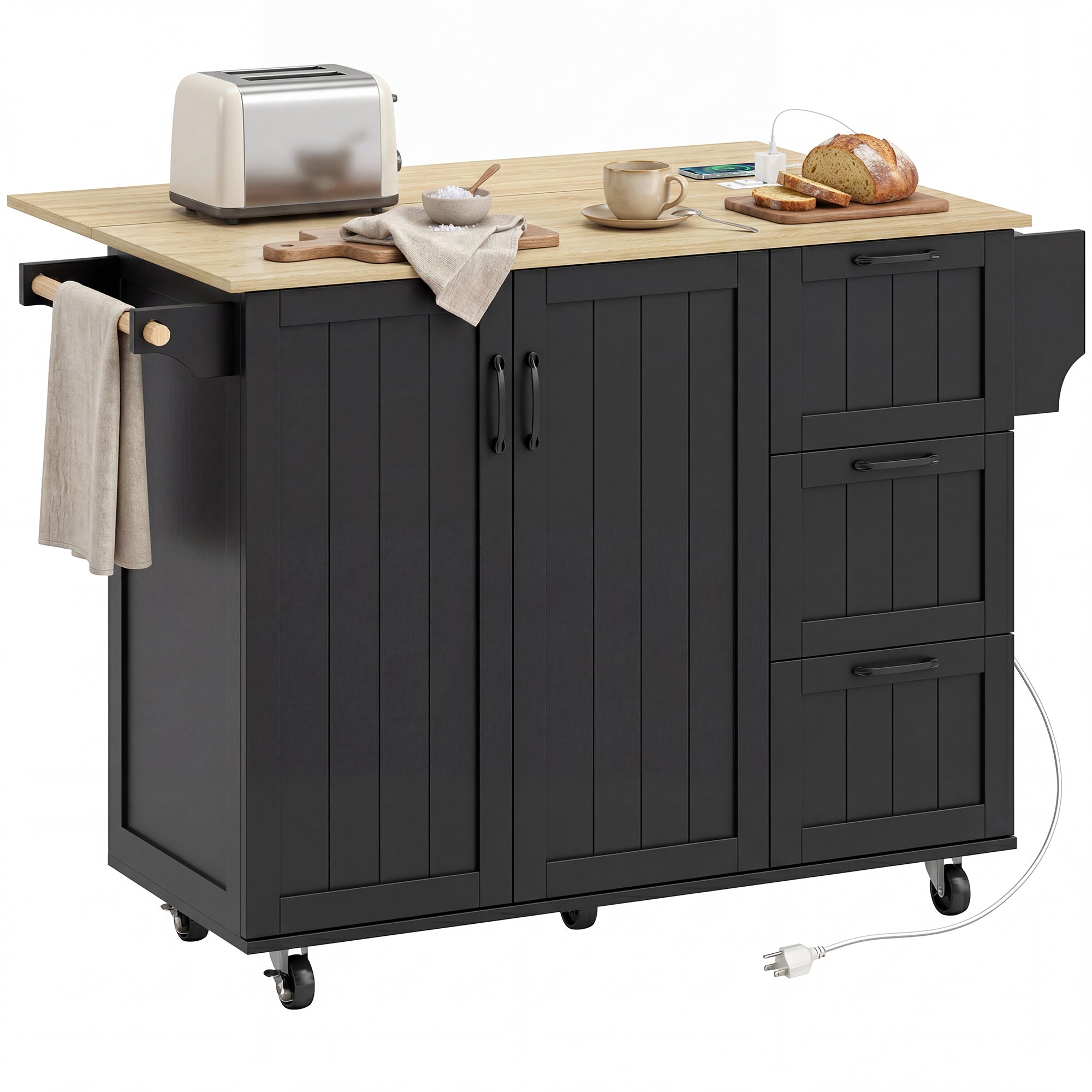Kitchen Island with Drop Leaf and Power Outlet - Black-DECOROLALA