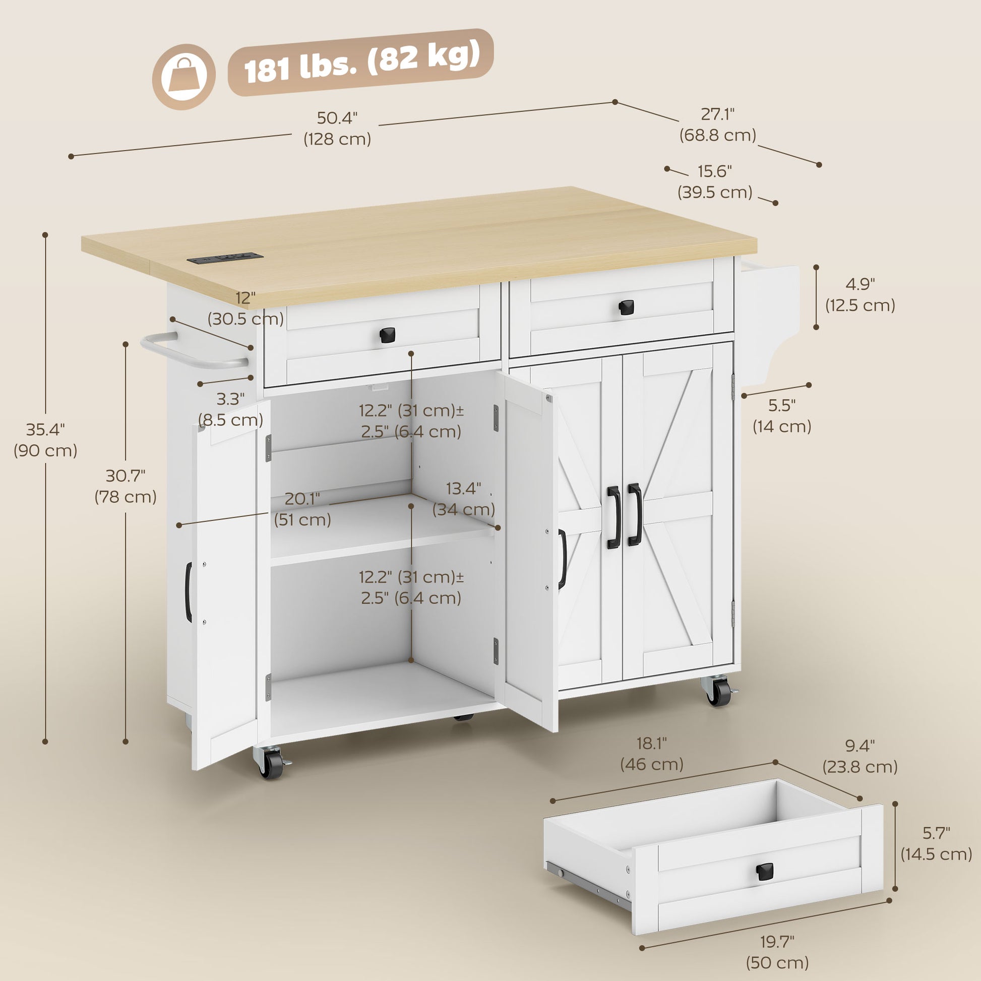 Kitchen Island with Power Outlet & Drop Leaf - White-DECOROLALA