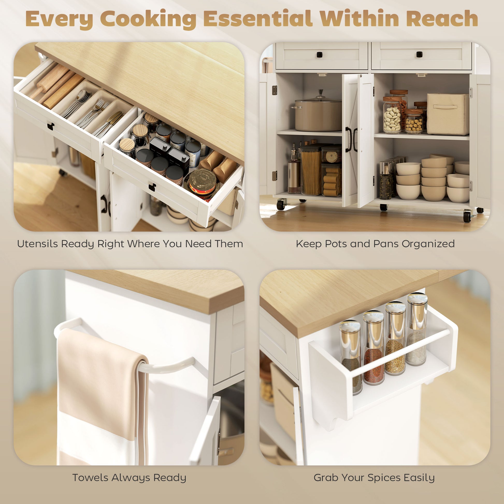 Kitchen Island with Power Outlet & Drop Leaf - White-DECOROLALA