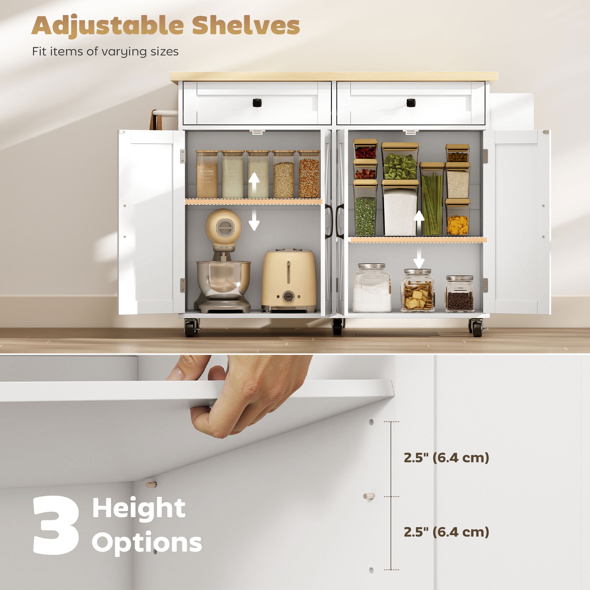 Kitchen Island with Power Outlet & Drop Leaf - White-DECOROLALA