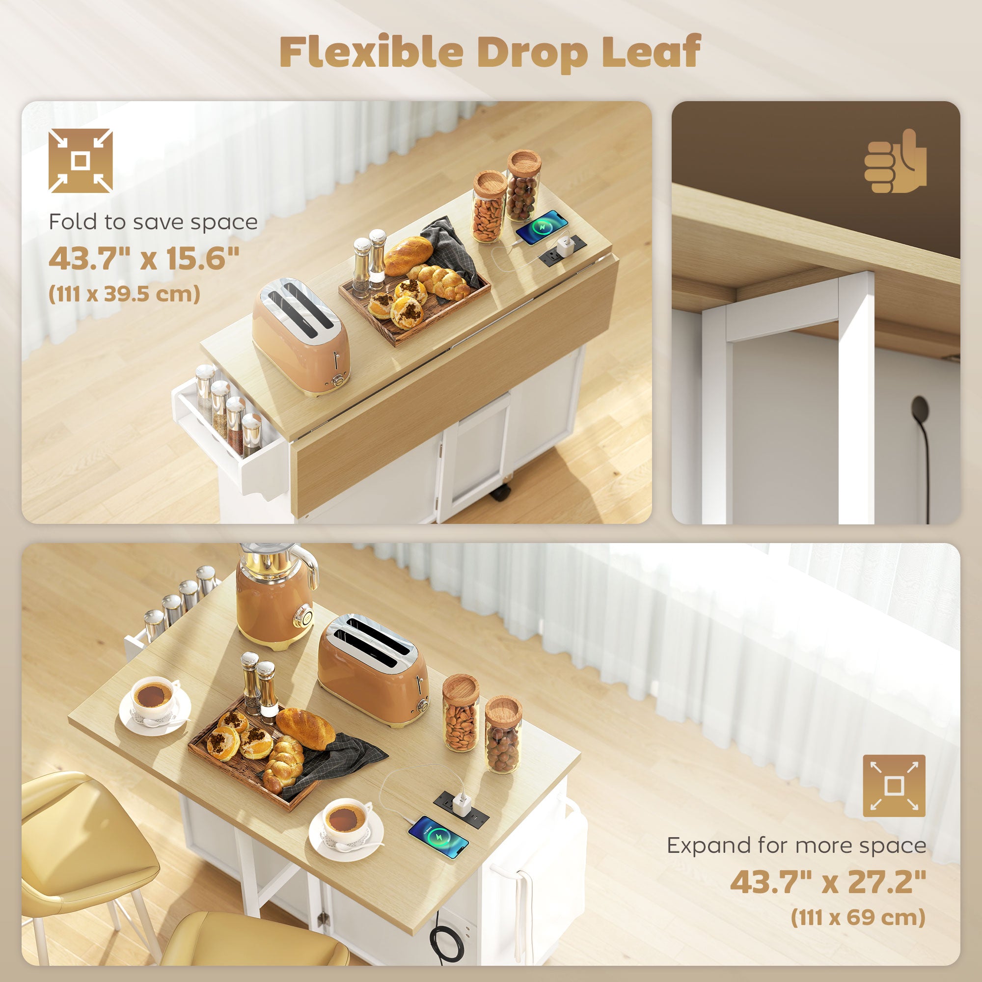 Kitchen Island with Power Outlet & Drop Leaf - White-DECOROLALA