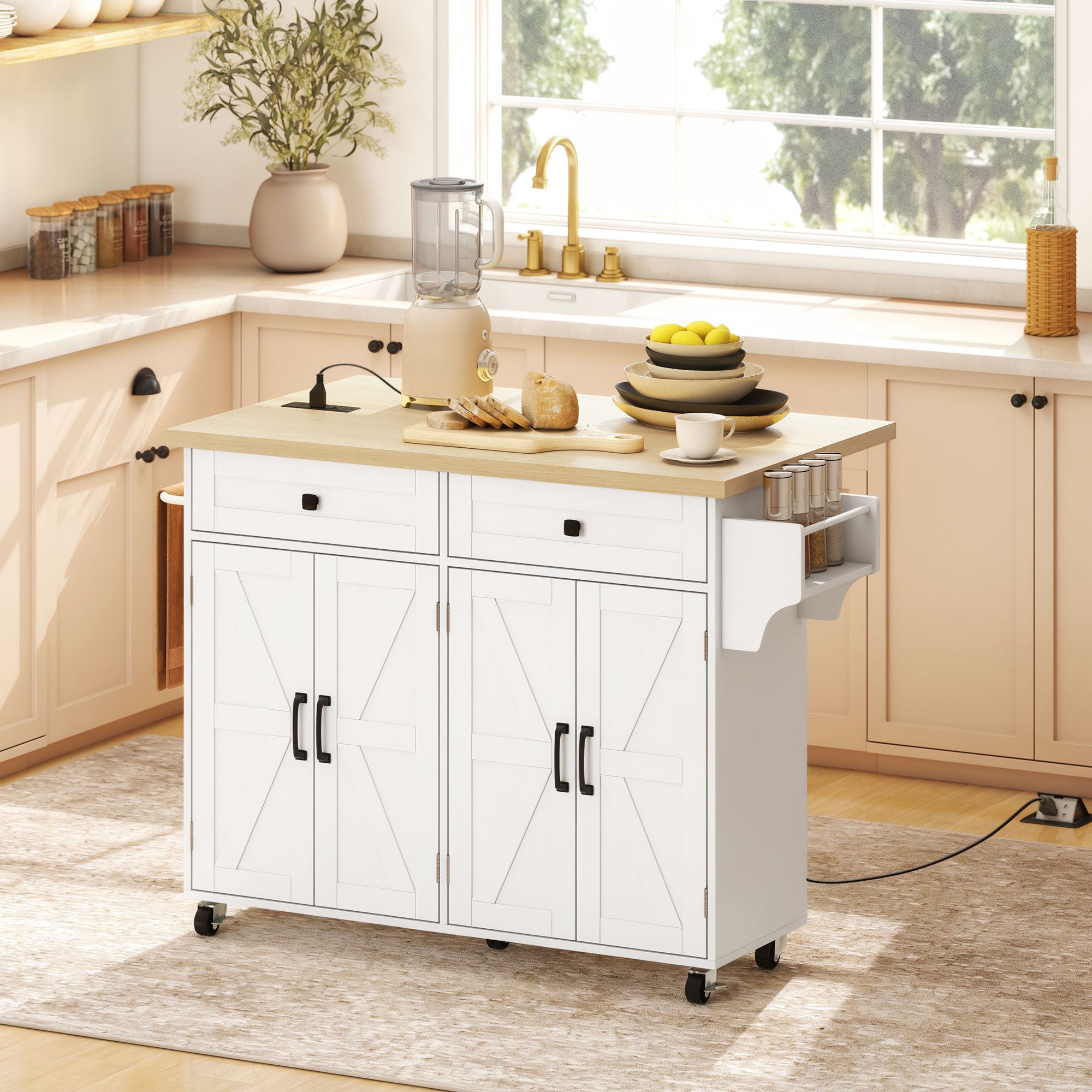 Kitchen Island with Power Outlet & Drop Leaf - White-DECOROLALA