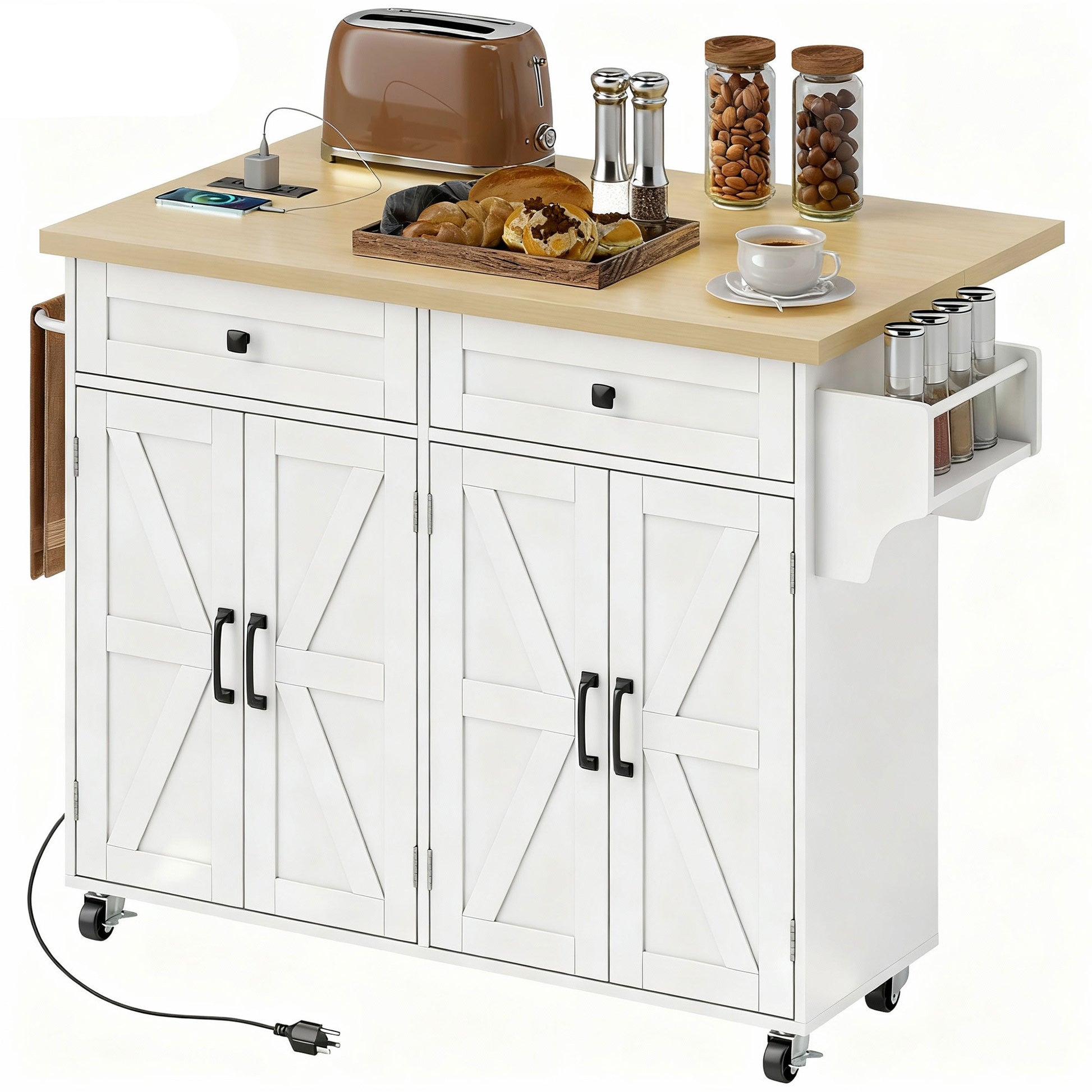 Kitchen Island with Power Outlet & Drop Leaf - White-DECOROLALA