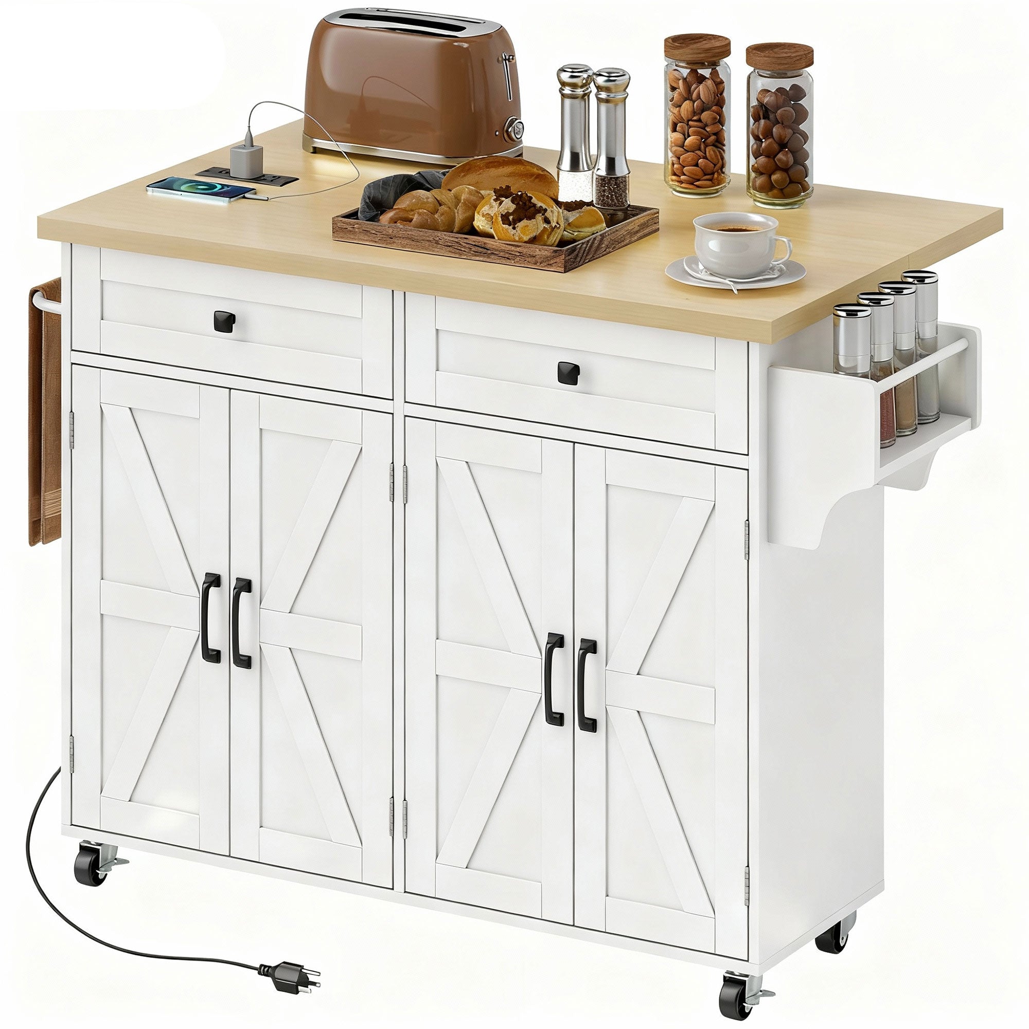 Kitchen Island with Power Outlet & Drop Leaf - White-DECOROLALA