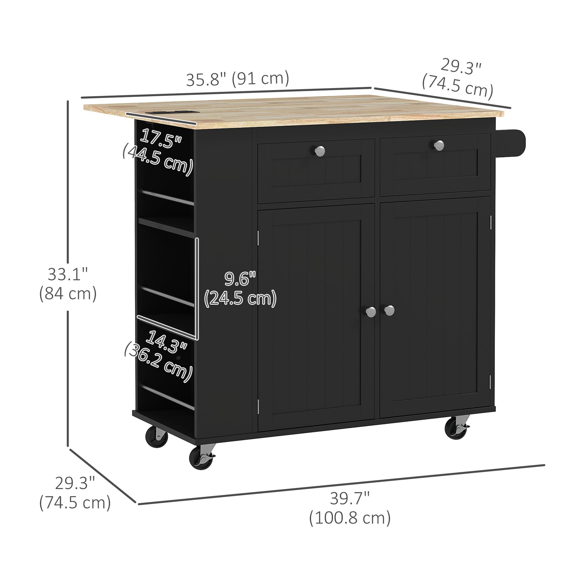 Kitchen Island with Power Outlet and Drop Leaf - Black-DECOROLALA