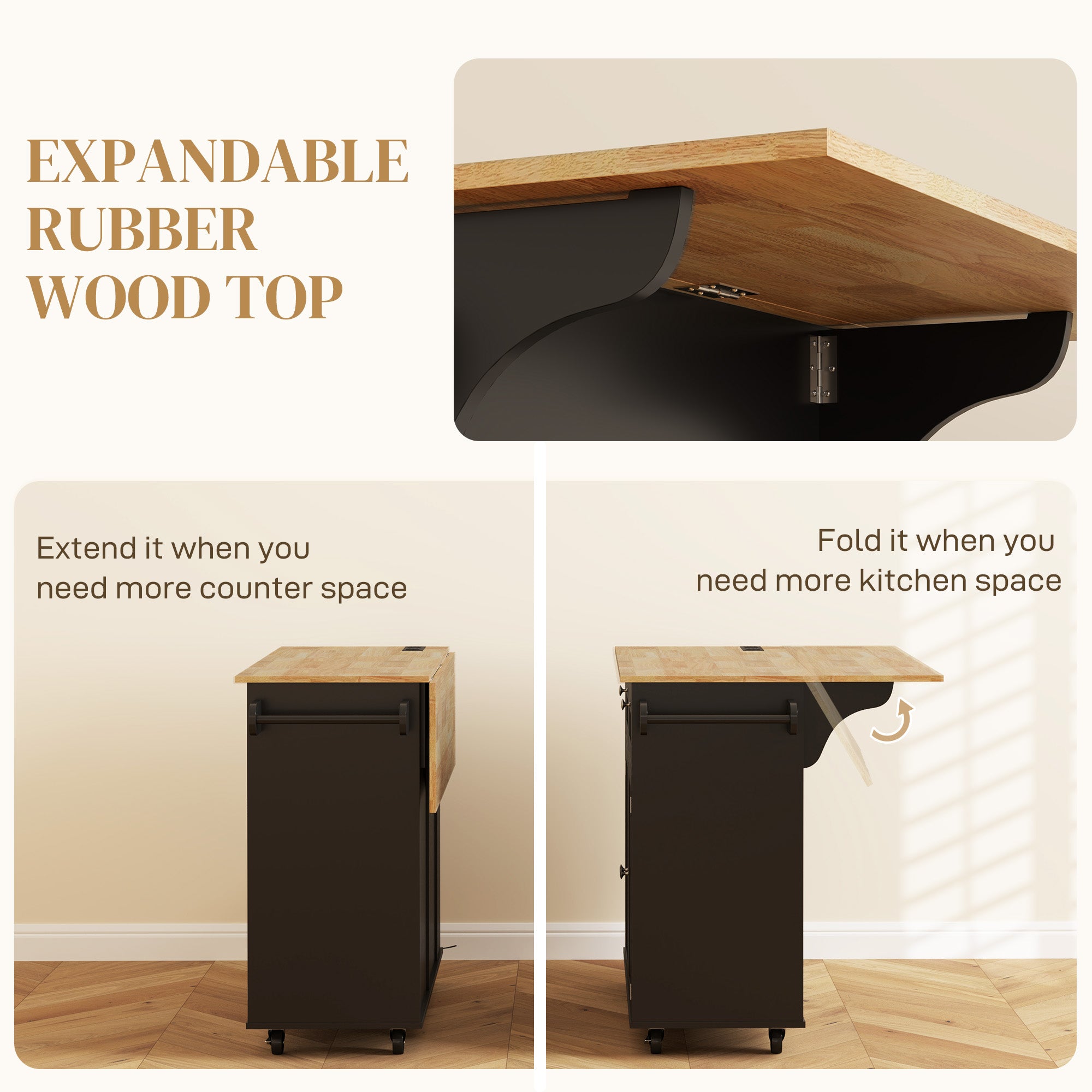 Kitchen Island with Power Outlet and Drop Leaf - Black-DECOROLALA