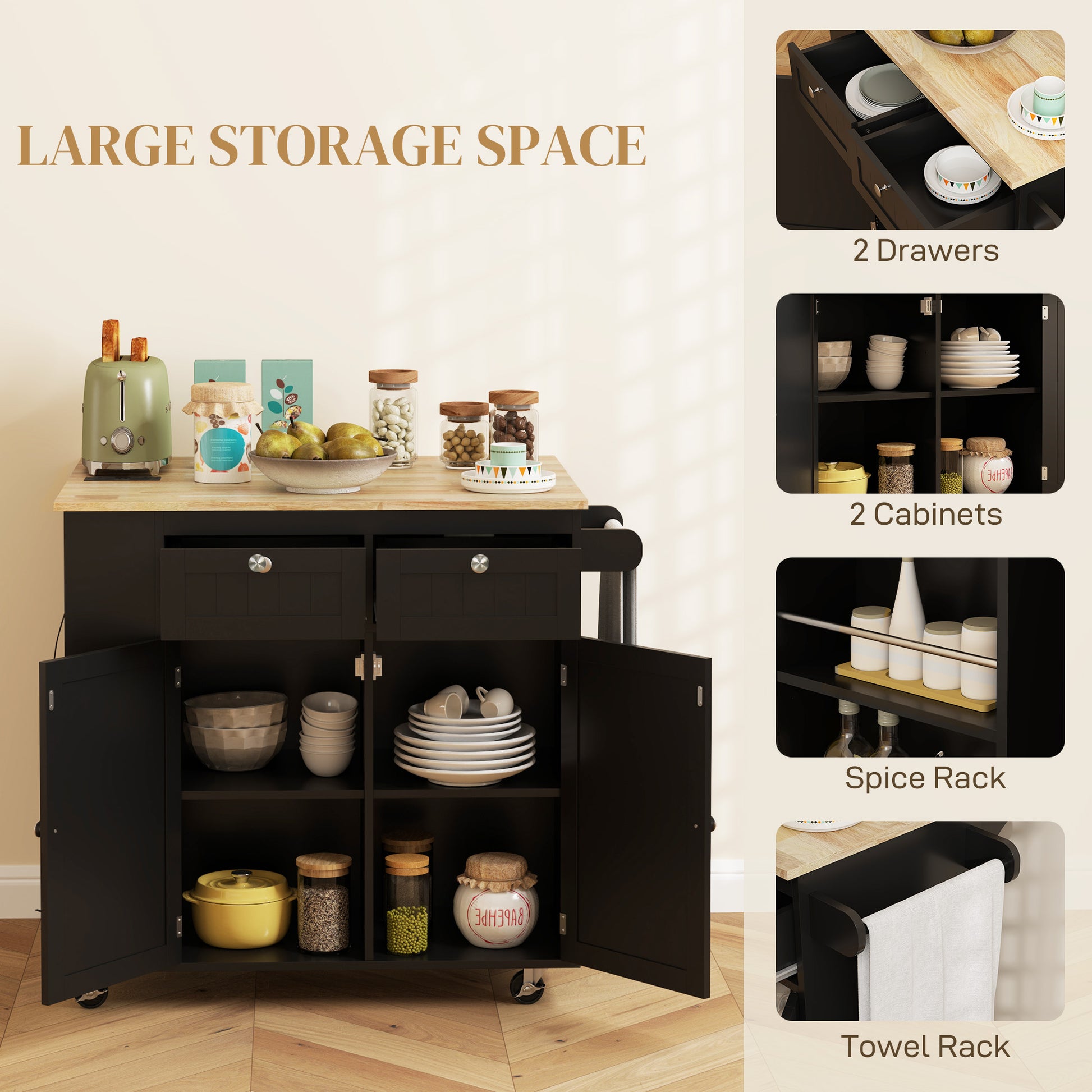 Kitchen Island with Power Outlet and Drop Leaf - Black-DECOROLALA