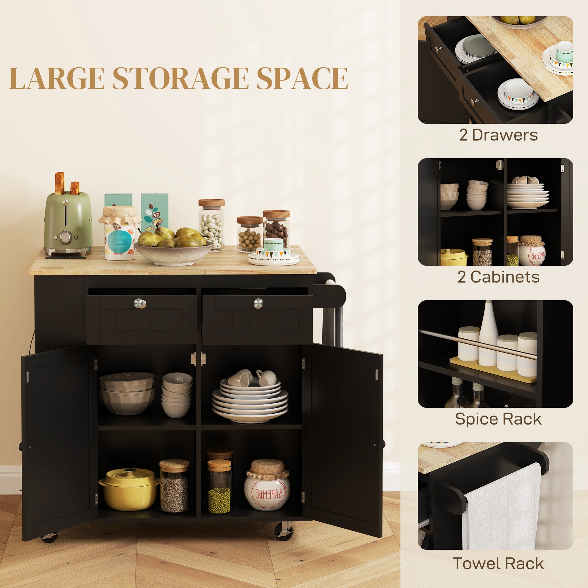 Kitchen Island with Power Outlet and Drop Leaf - Black-DECOROLALA