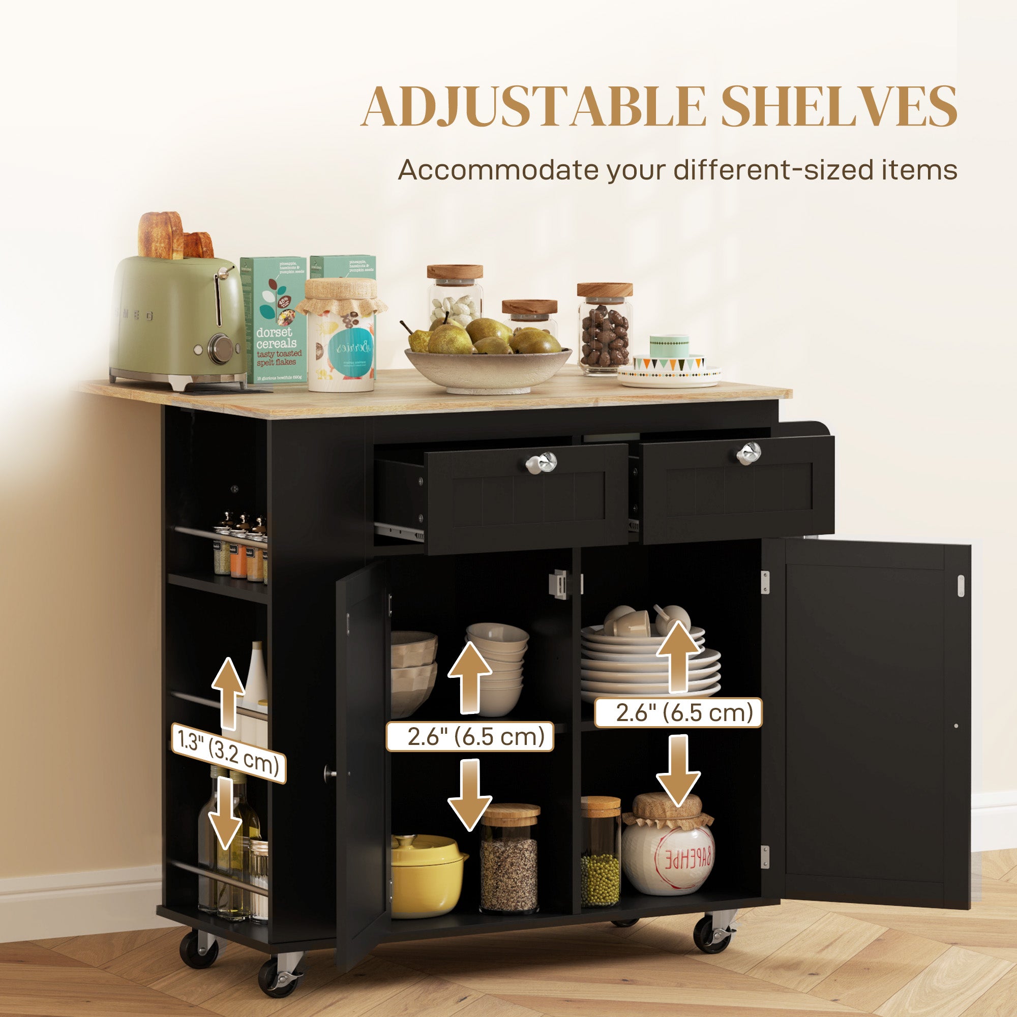 Kitchen Island with Power Outlet and Drop Leaf - Black-DECOROLALA