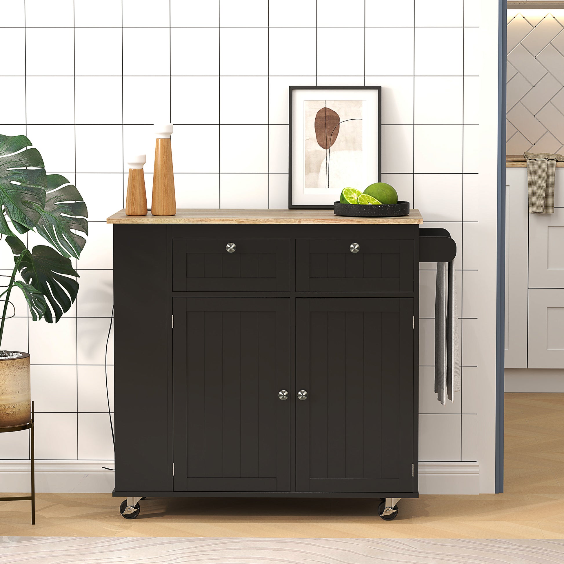 Kitchen Island with Power Outlet and Drop Leaf - Black-DECOROLALA