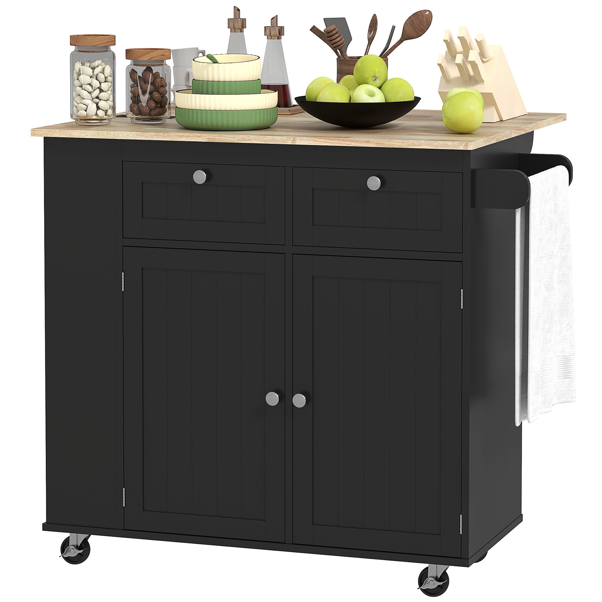 Kitchen Island with Power Outlet and Drop Leaf - Black-DECOROLALA