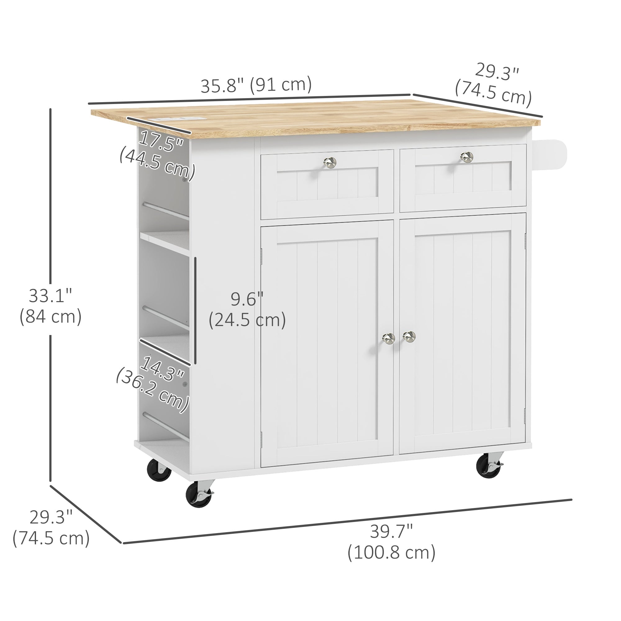 Kitchen Island with Power Outlet and Drop Leaf - White-DECOROLALA