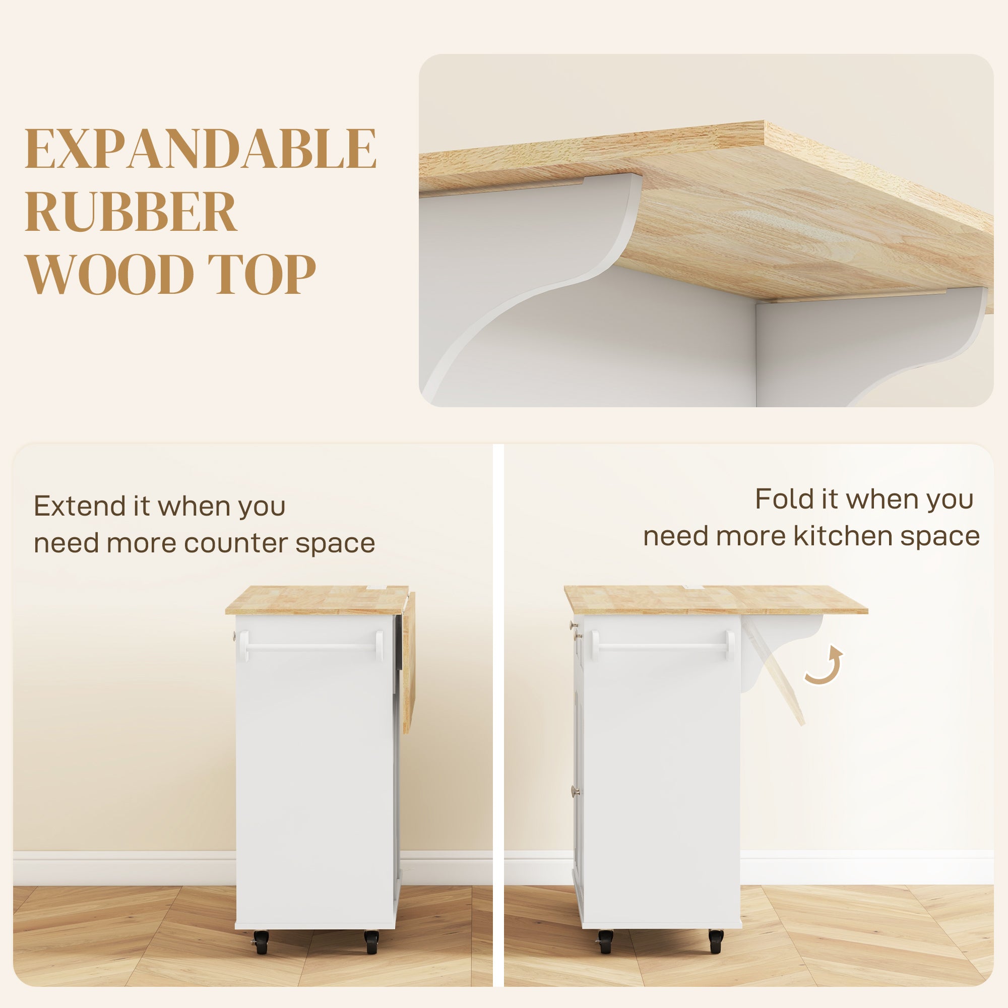 Kitchen Island with Power Outlet and Drop Leaf - White-DECOROLALA