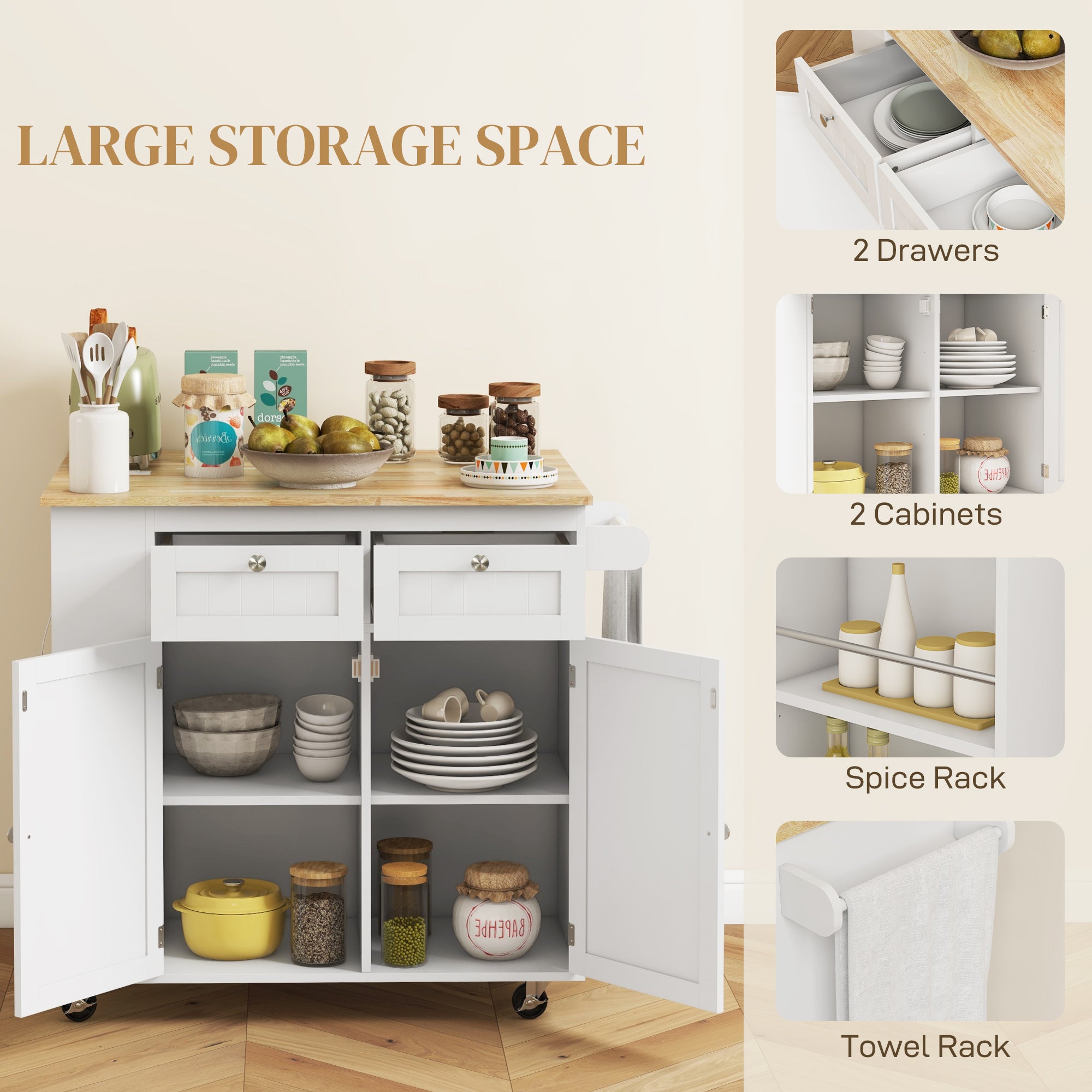 Kitchen Island with Power Outlet and Drop Leaf - White-DECOROLALA