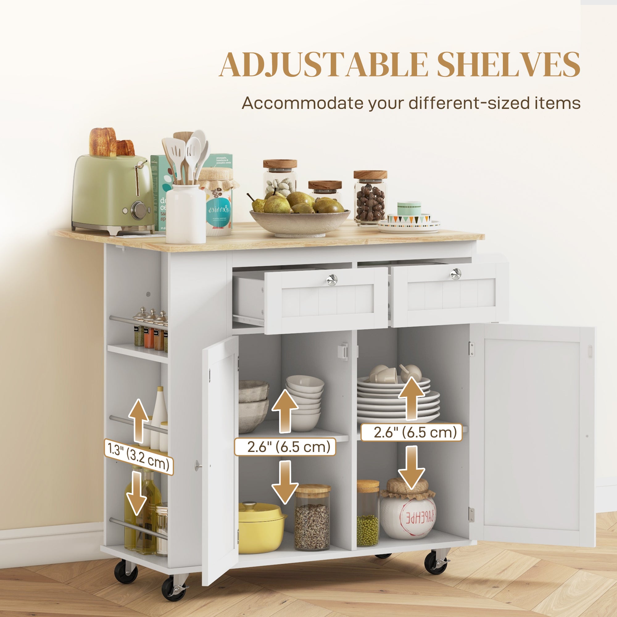 Kitchen Island with Power Outlet and Drop Leaf - White-DECOROLALA