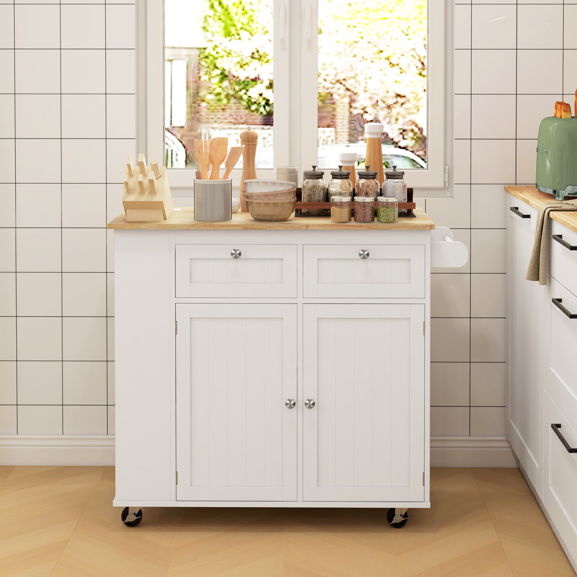 Kitchen Island with Power Outlet and Drop Leaf - White-DECOROLALA