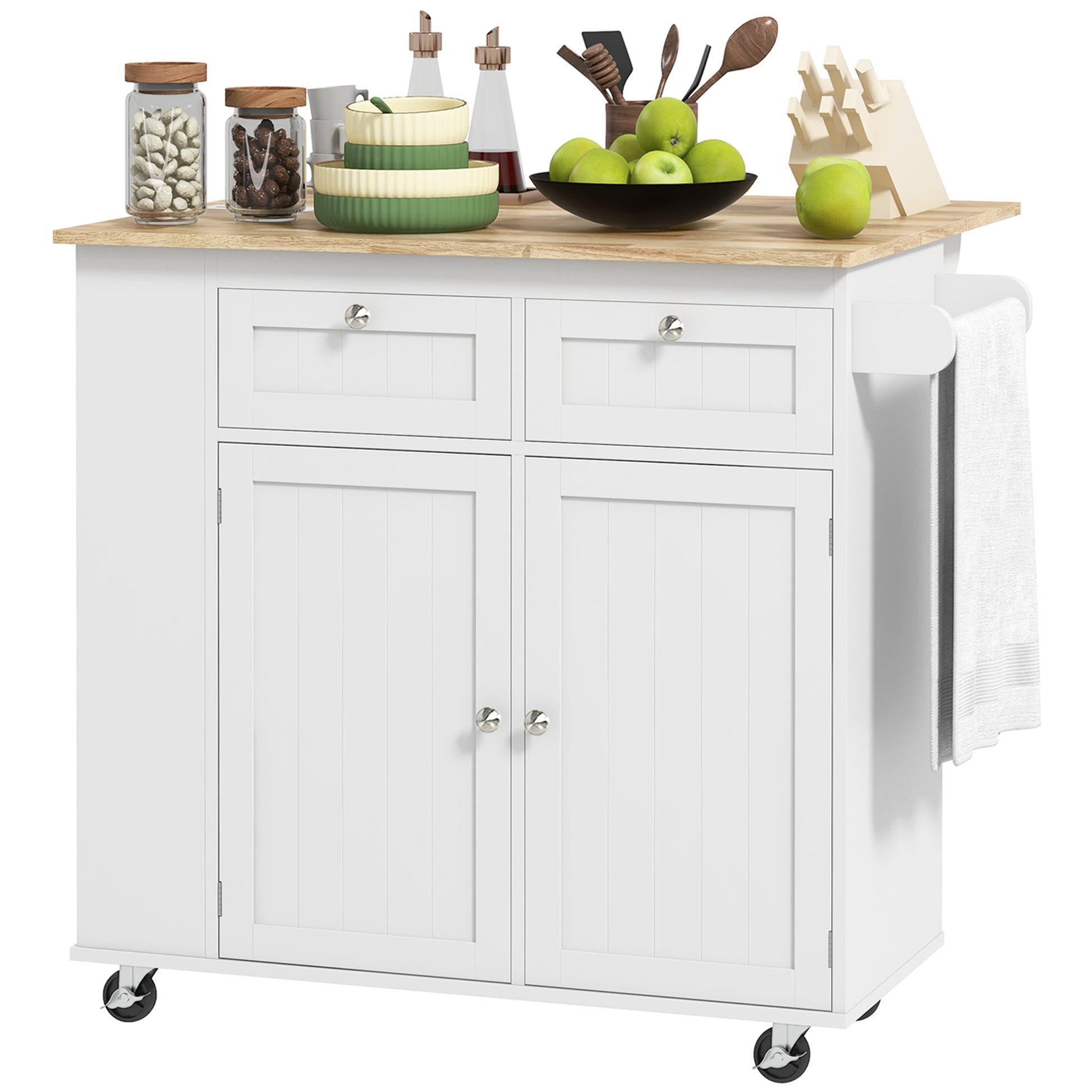 Kitchen Island with Power Outlet and Drop Leaf - White-DECOROLALA