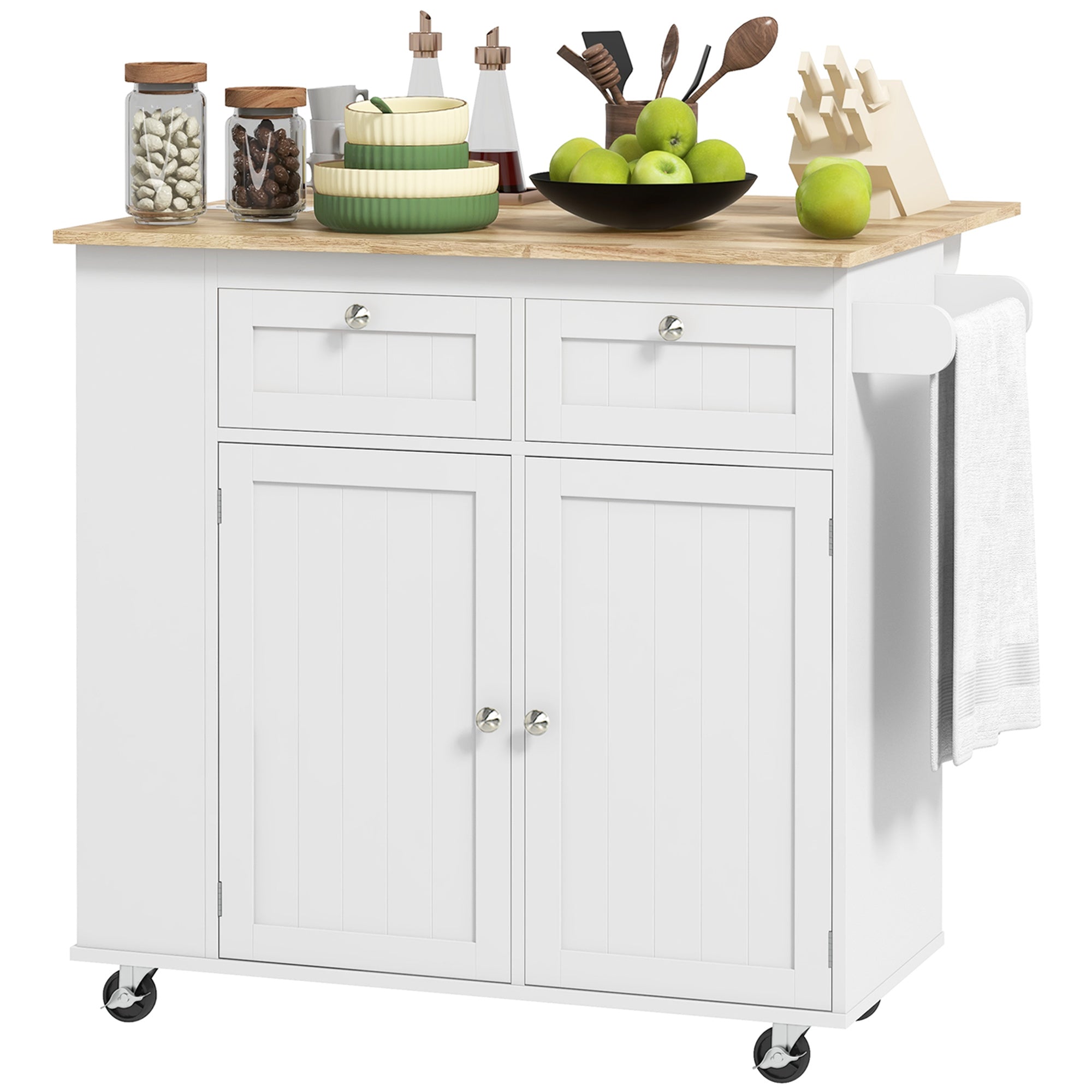 Kitchen Island with Power Outlet and Drop Leaf - White-DECOROLALA