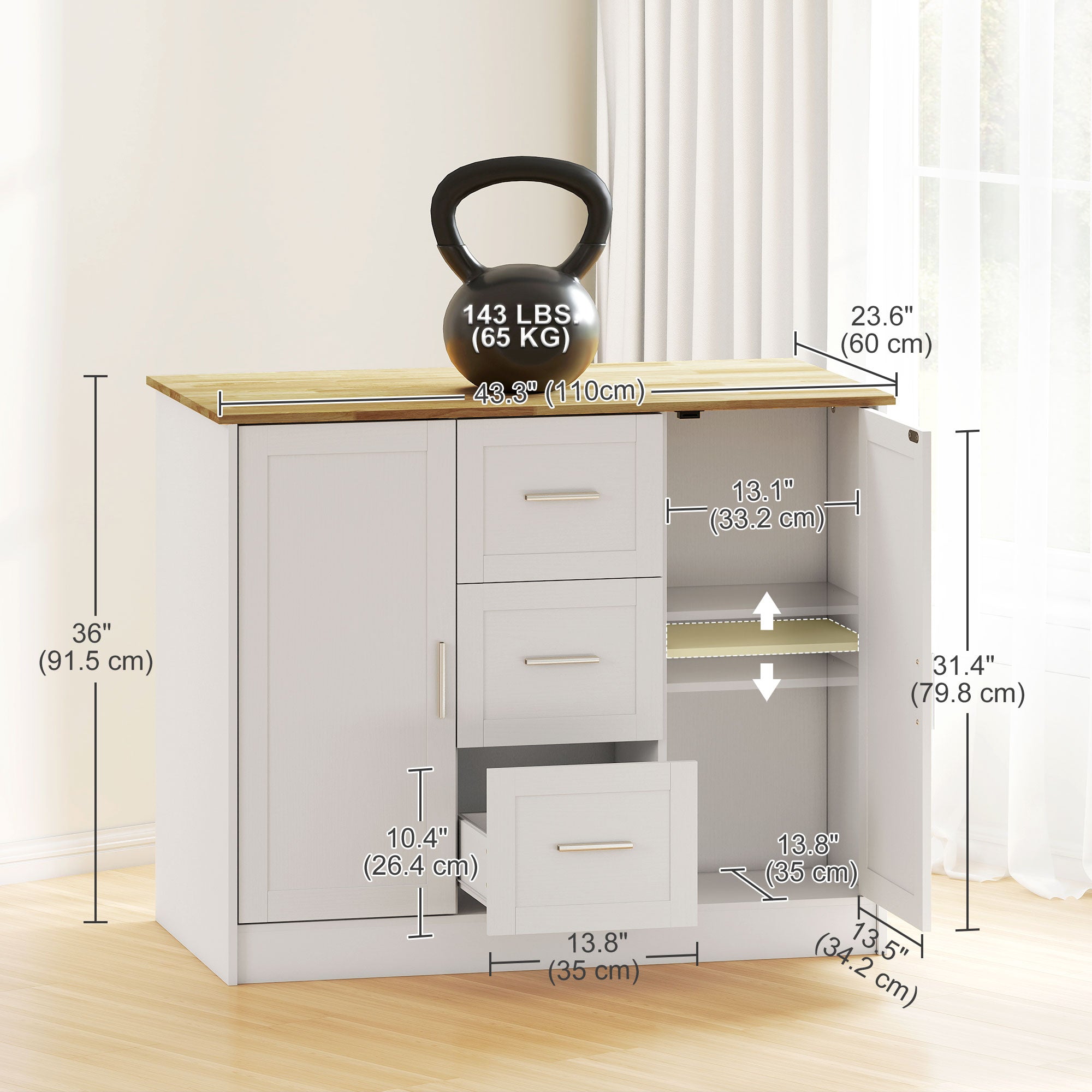 Kitchen Island with Storage Cabinets and 3 Drawers - White-DECOROLALA
