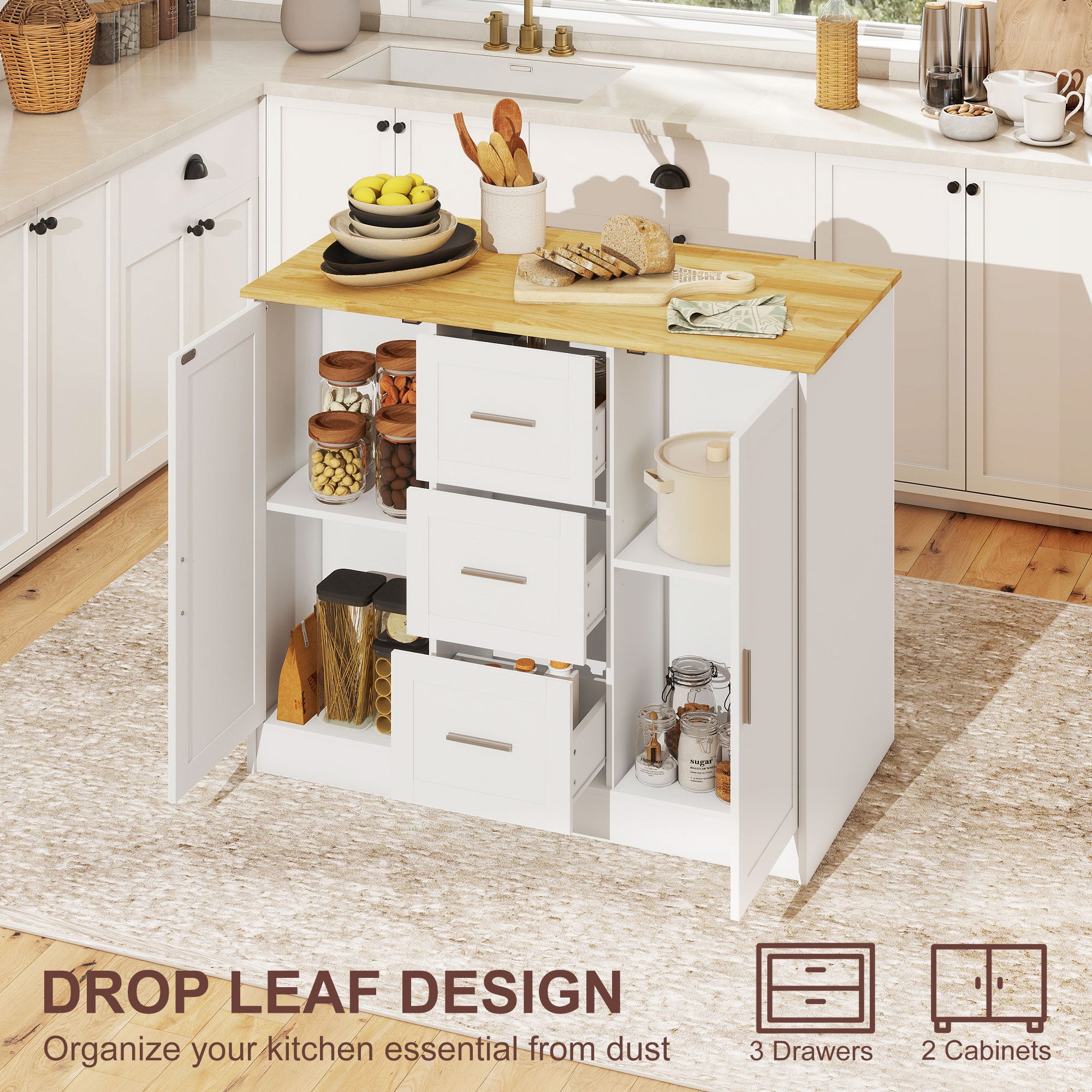 Kitchen Island with Storage Cabinets and 3 Drawers - White-DECOROLALA