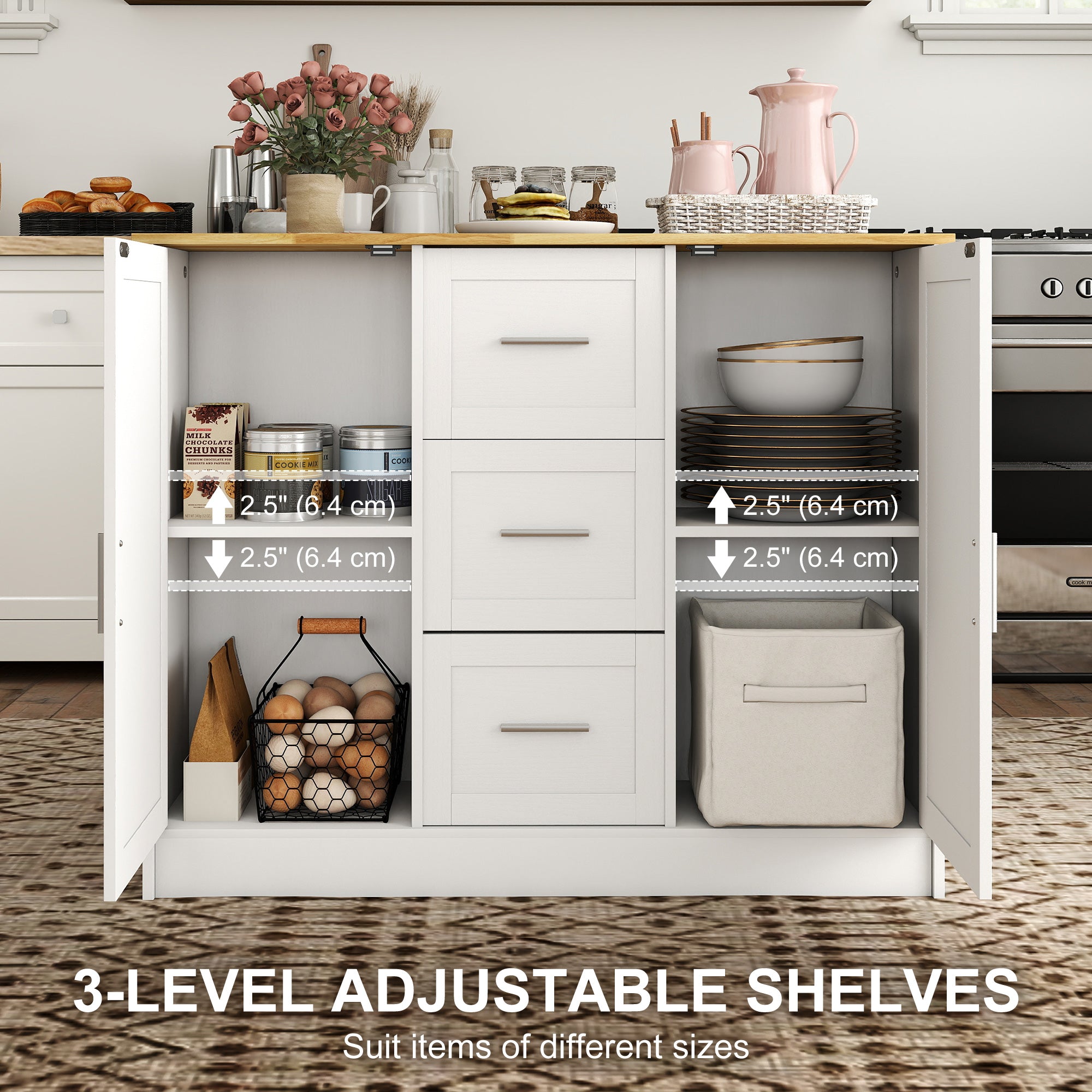 Kitchen Island with Storage Cabinets and 3 Drawers - White-DECOROLALA