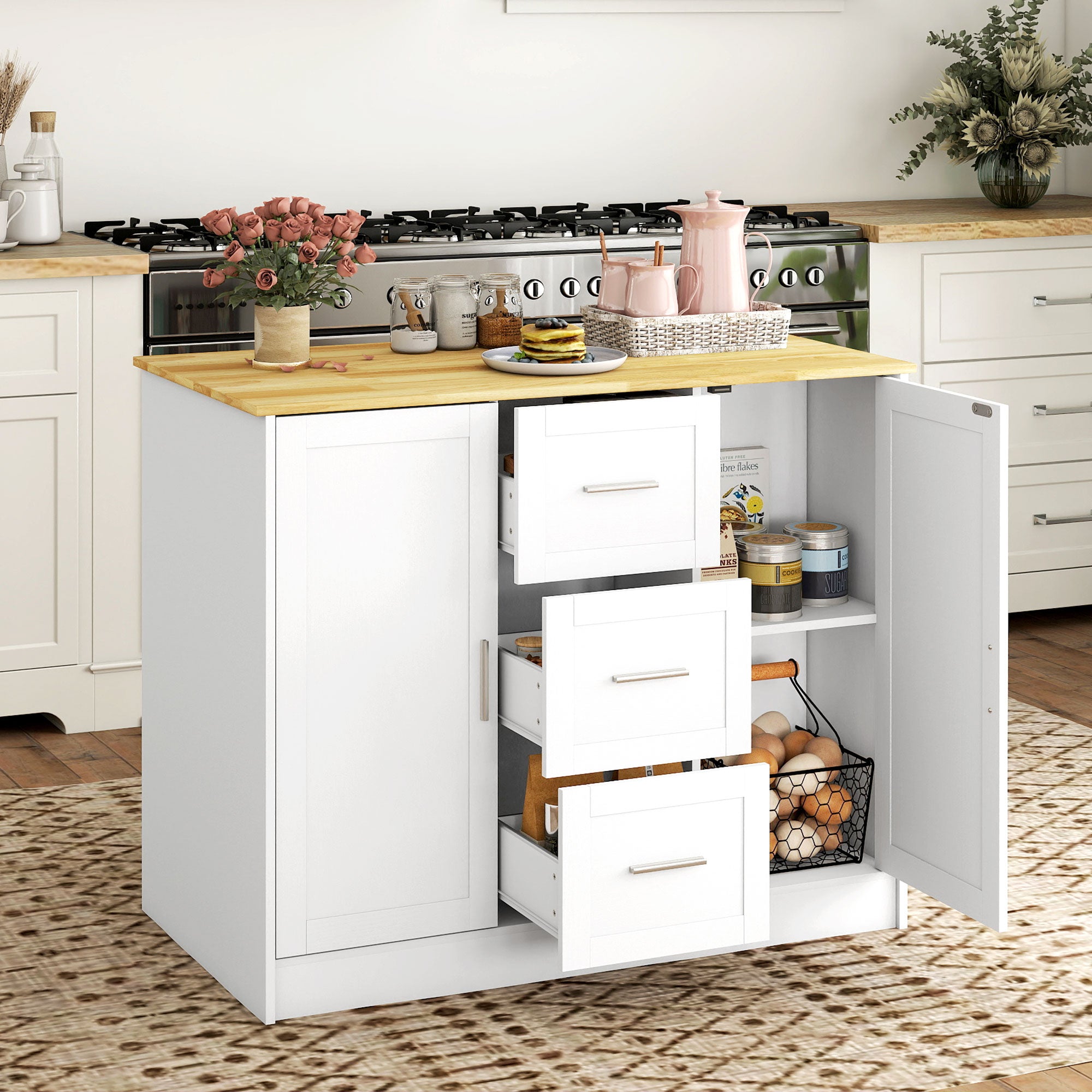 Kitchen Island with Storage Cabinets and 3 Drawers - White-DECOROLALA