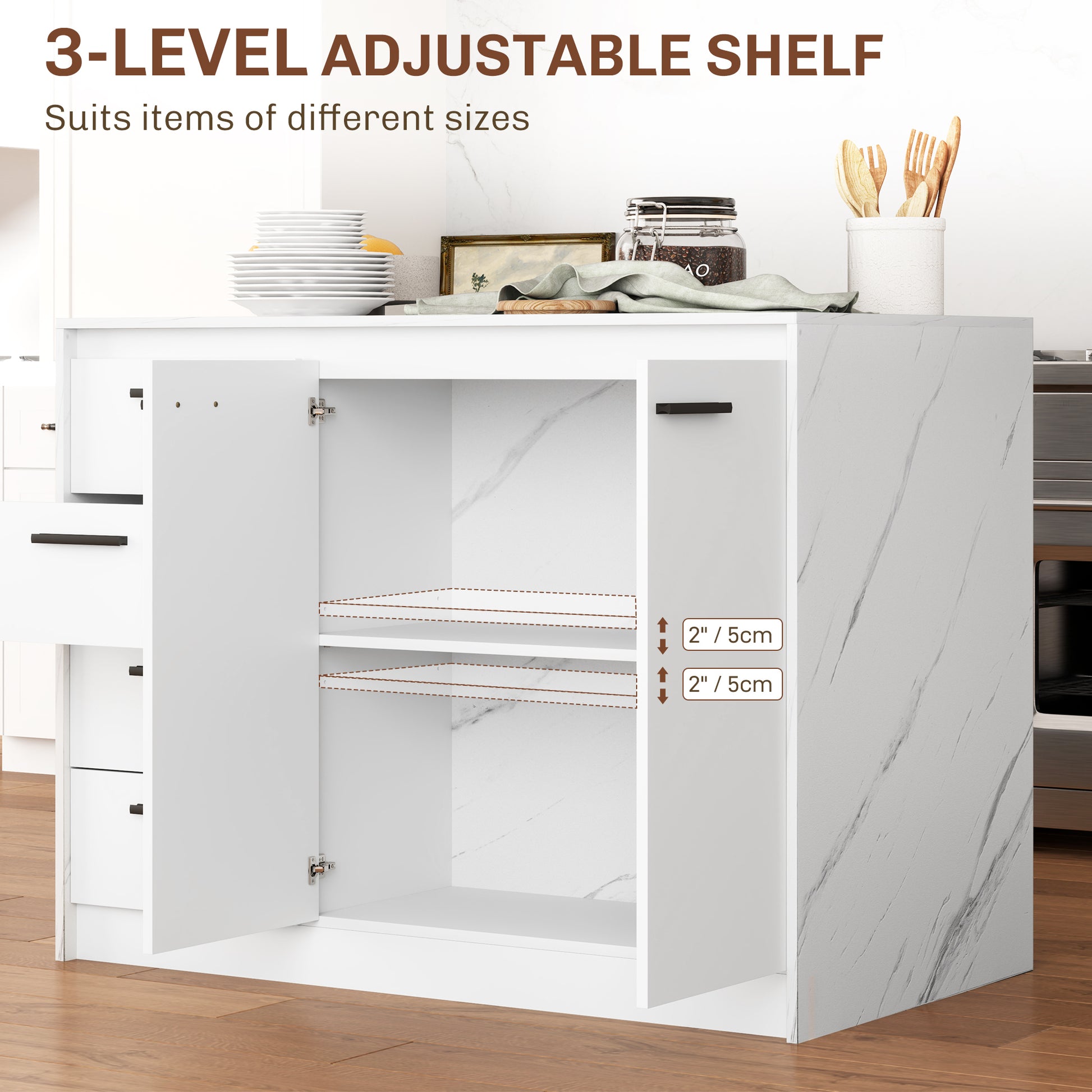 Kitchen Island with Storage - Faux Marble and White-DECOROLALA