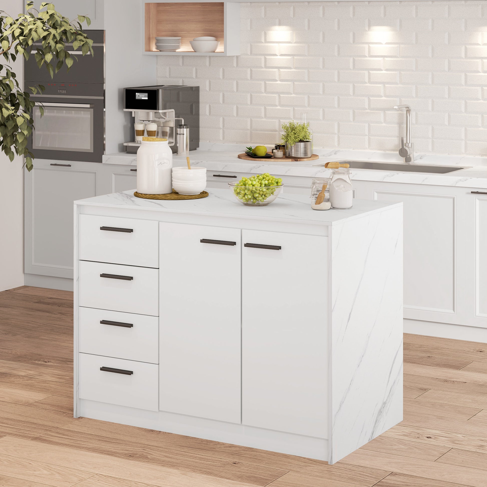 Kitchen Island with Storage - Faux Marble and White-DECOROLALA