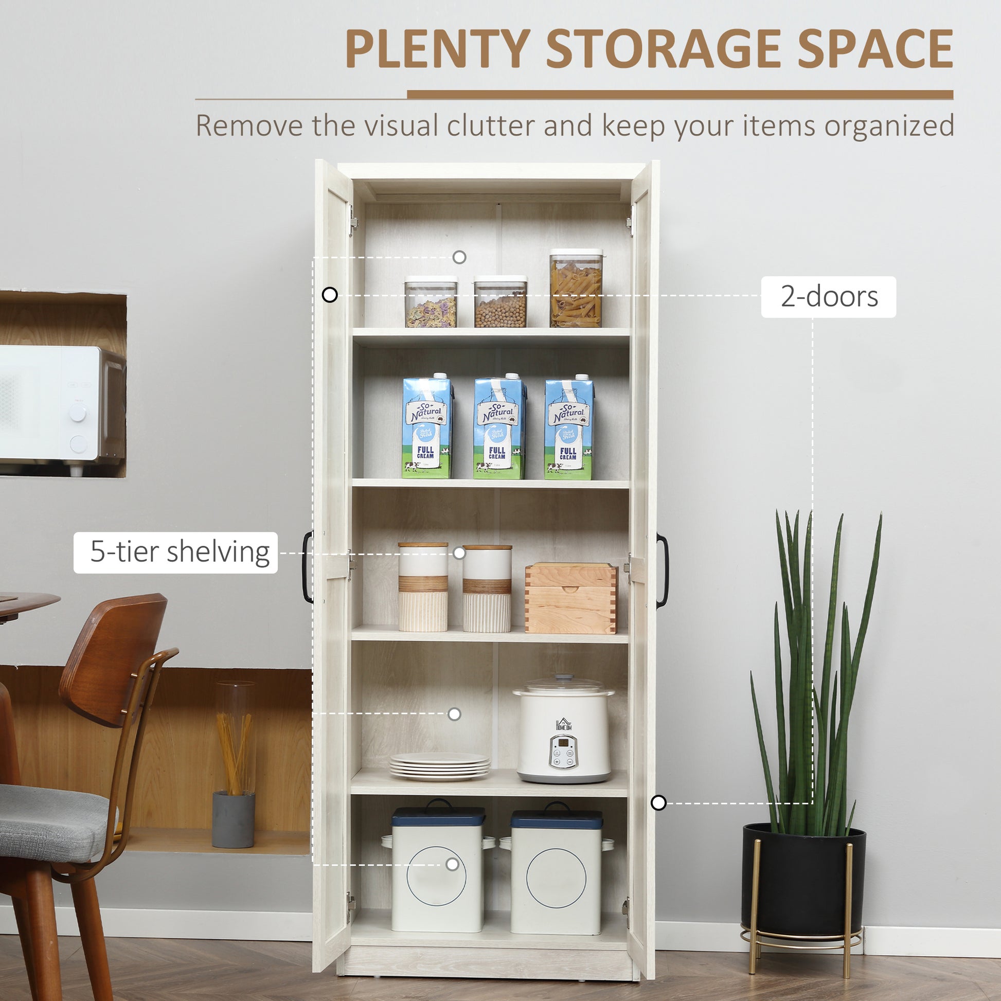 Kitchen Pantry Cabinet 63" 5-Tier Distressed White-DECOROLALA