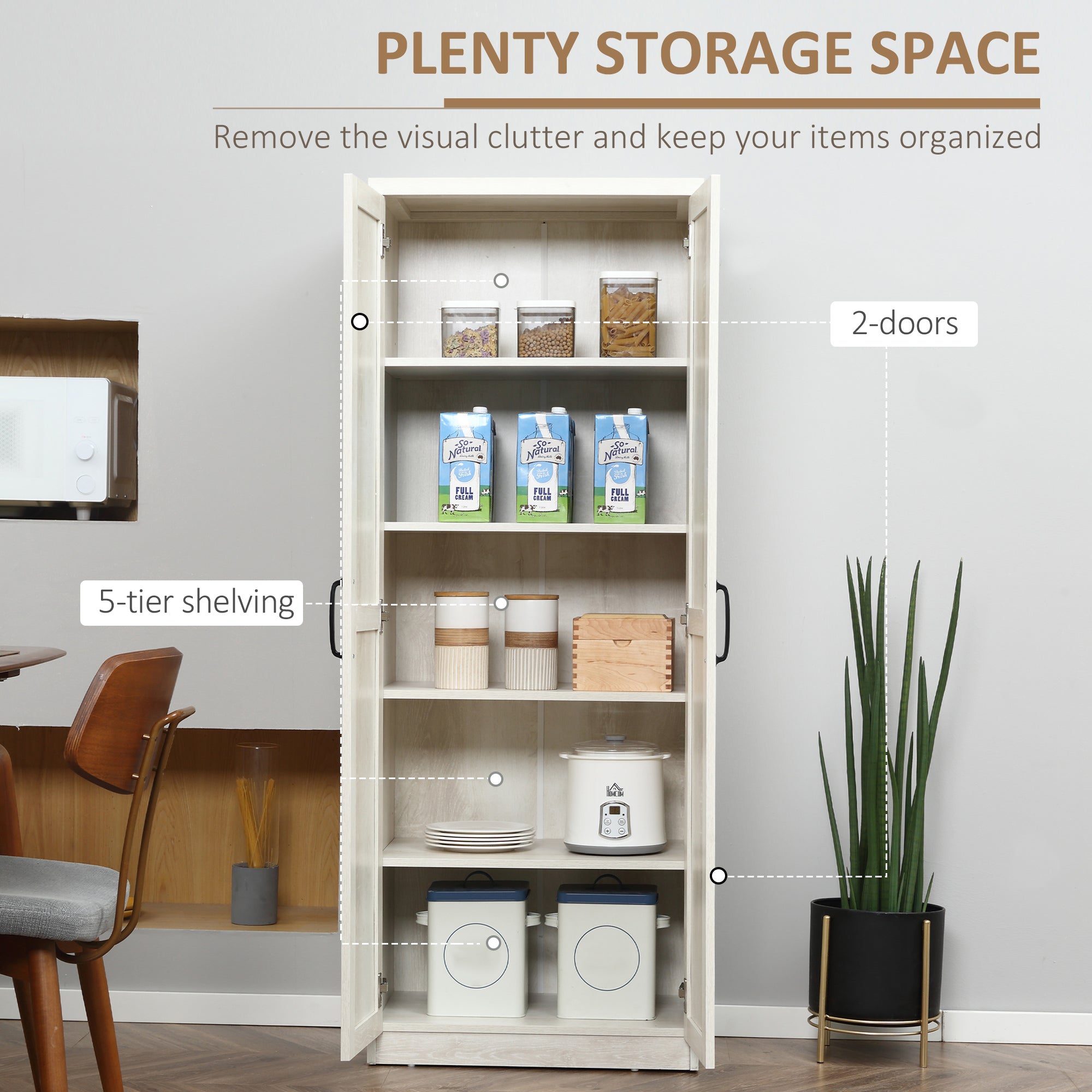 Kitchen Pantry Cabinet 63" 5-Tier Distressed White-DECOROLALA