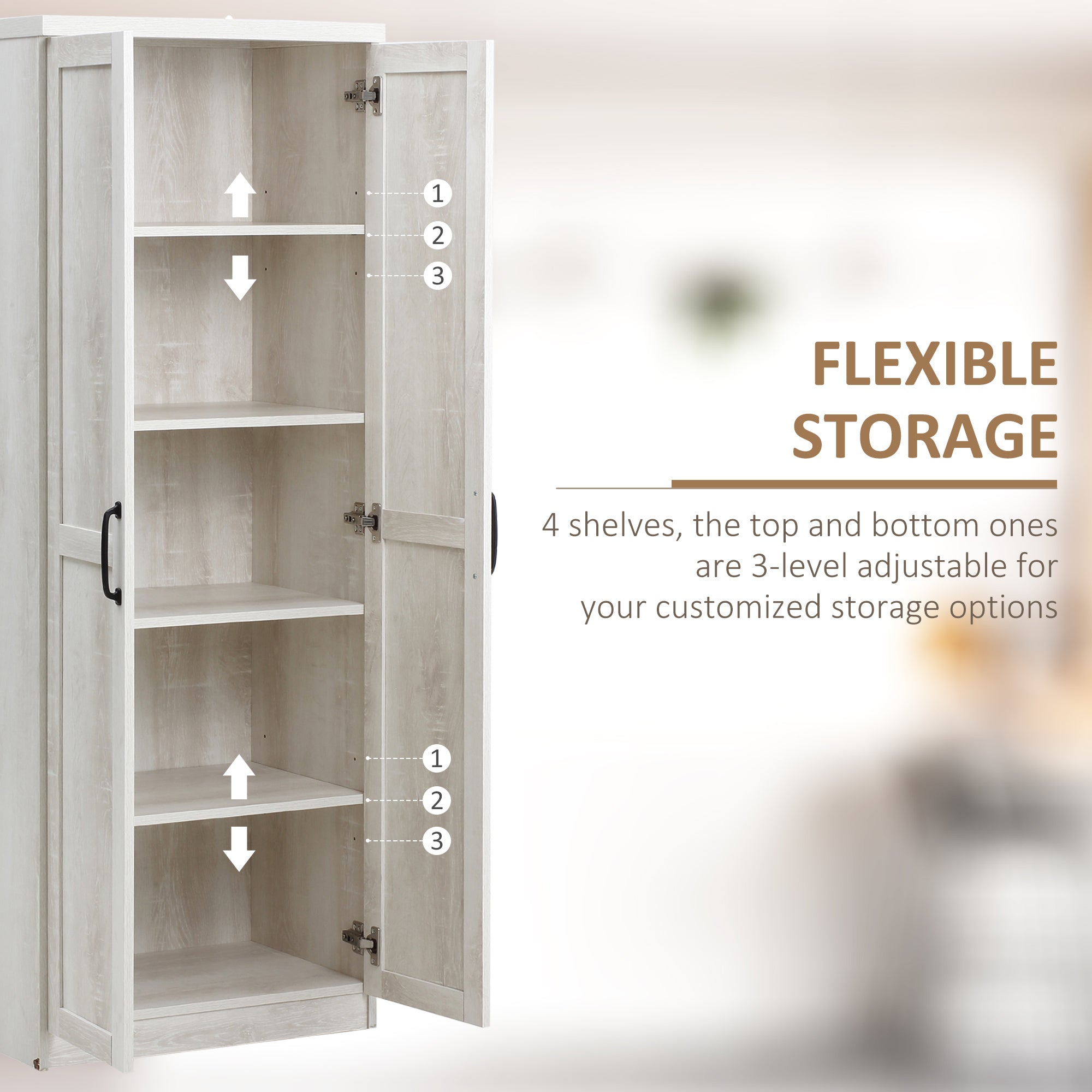 Kitchen Pantry Cabinet 63" 5-Tier Distressed White-DECOROLALA