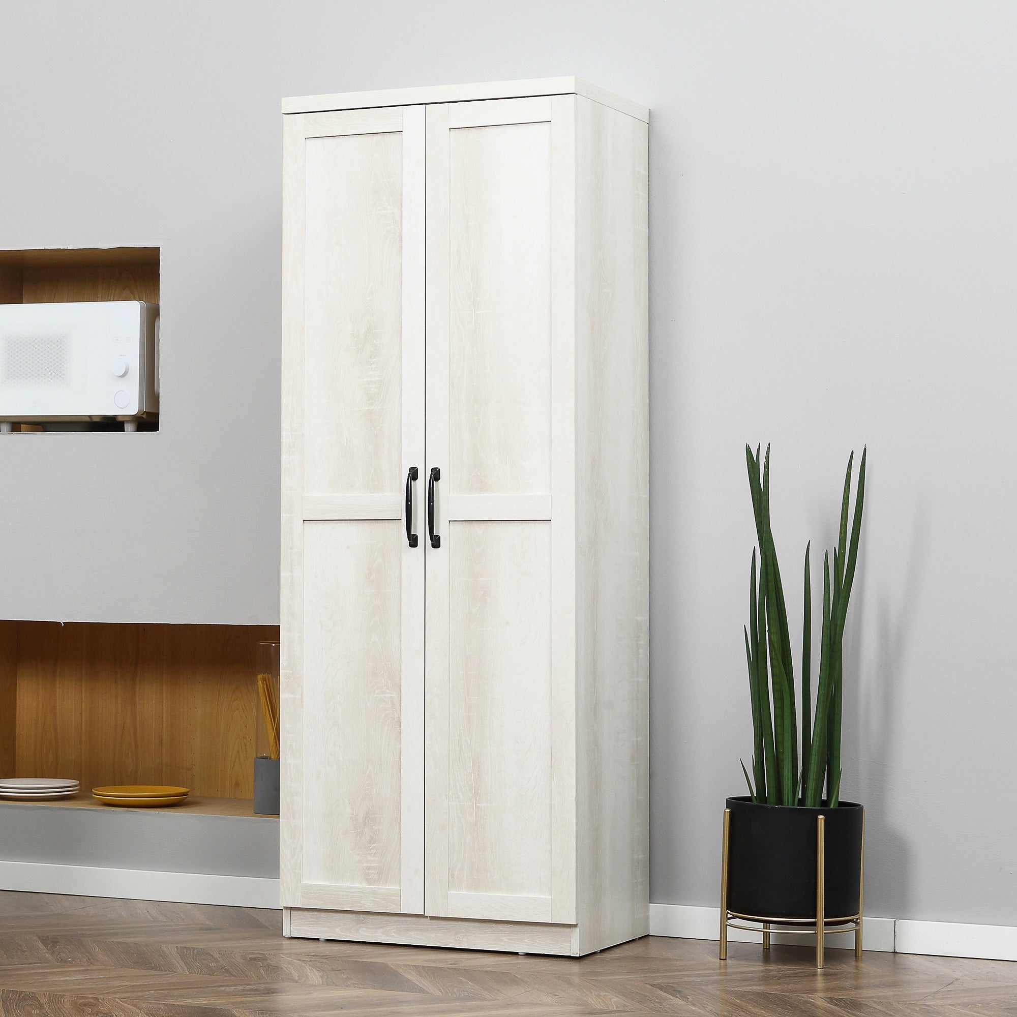 Kitchen Pantry Cabinet 63" 5-Tier Distressed White-DECOROLALA