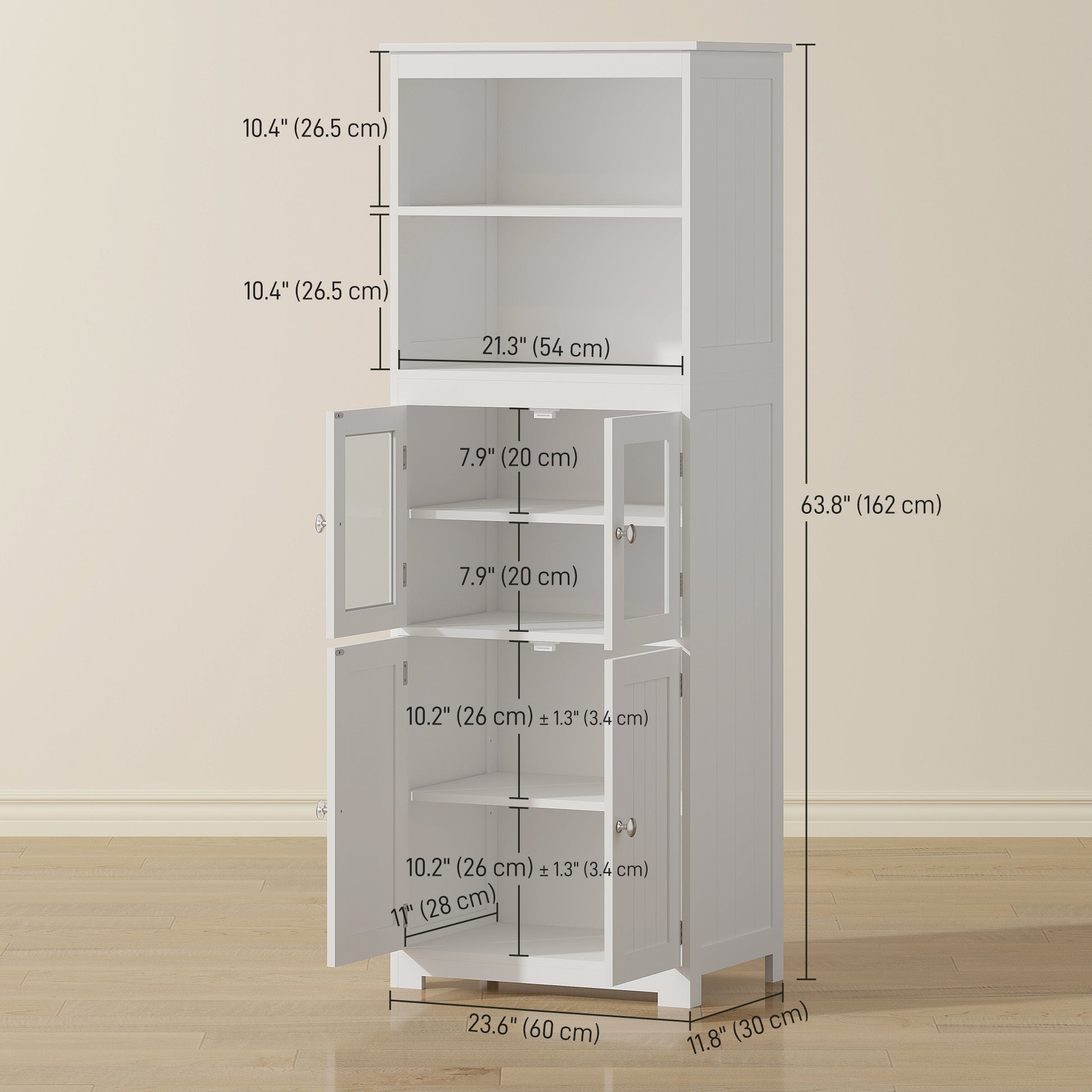 Kitchen Pantry Cabinet 63" White Glass Door-DECOROLALA