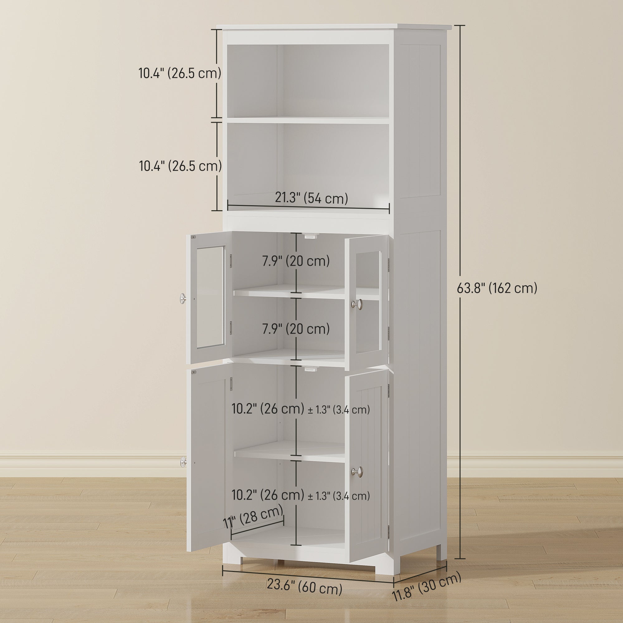 Kitchen Pantry Cabinet 63" White Glass Door-DECOROLALA