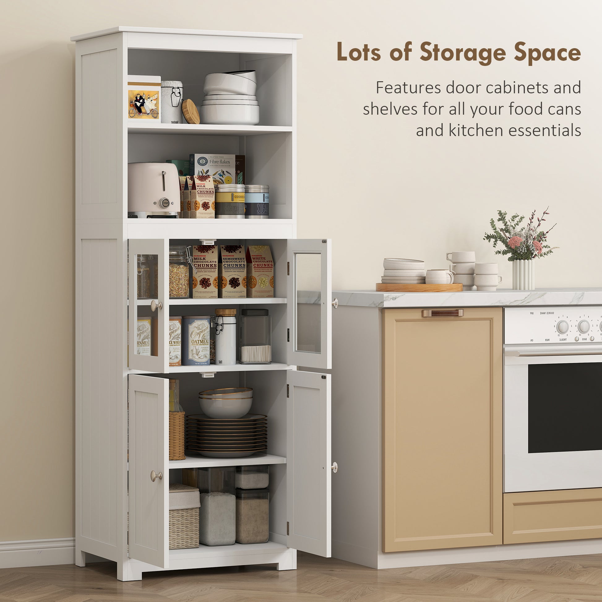 Kitchen Pantry Cabinet 63" White Glass Door-DECOROLALA