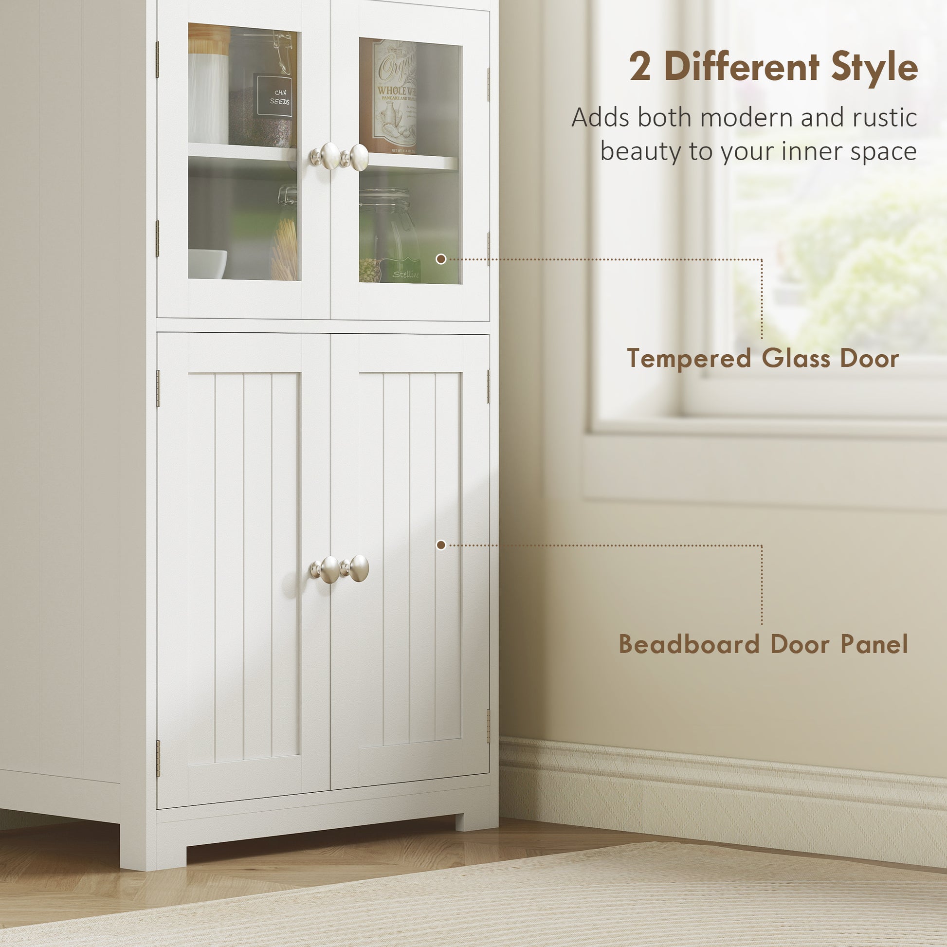Kitchen Pantry Cabinet 63" White Glass Door-DECOROLALA
