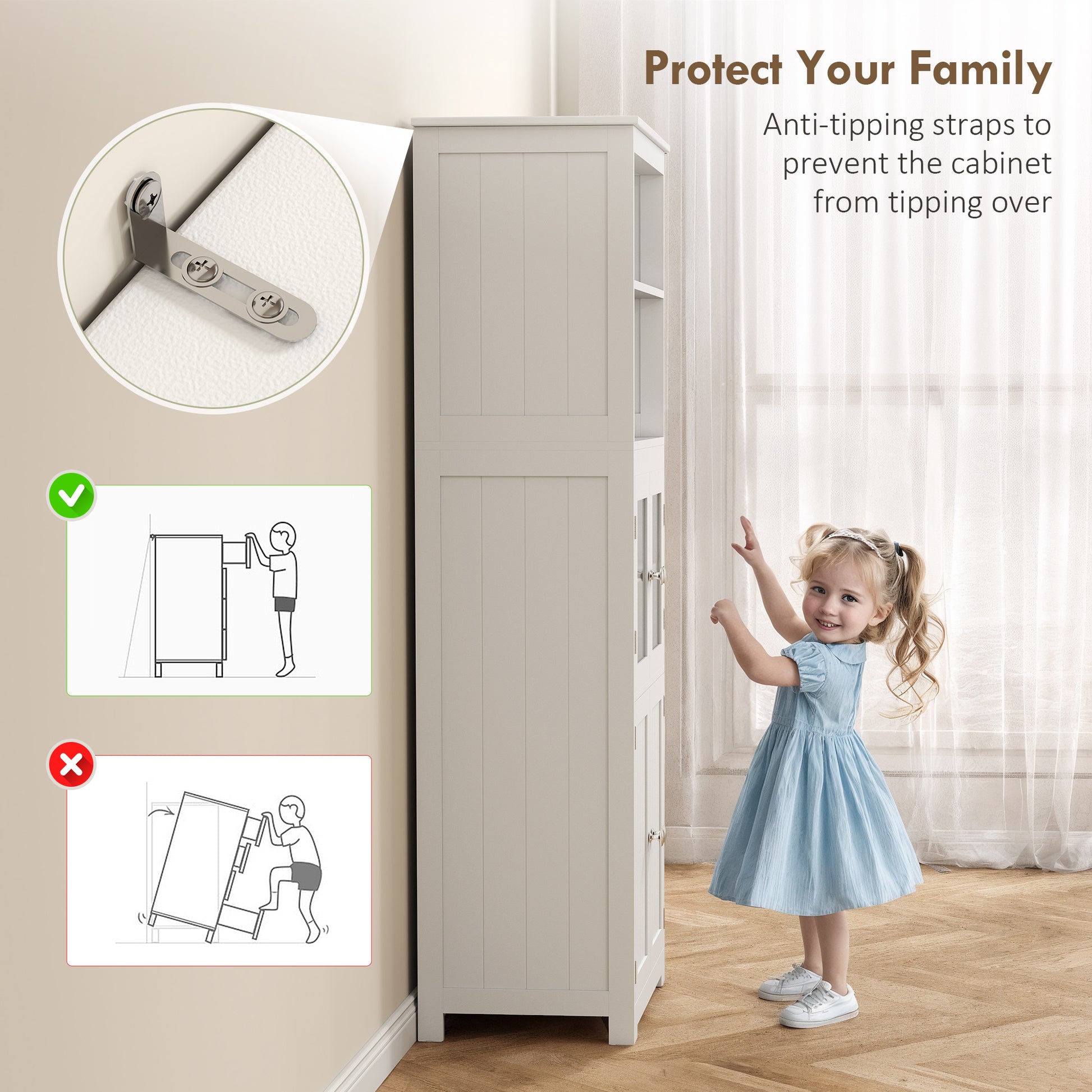 Kitchen Pantry Cabinet 63" White Glass Door-DECOROLALA