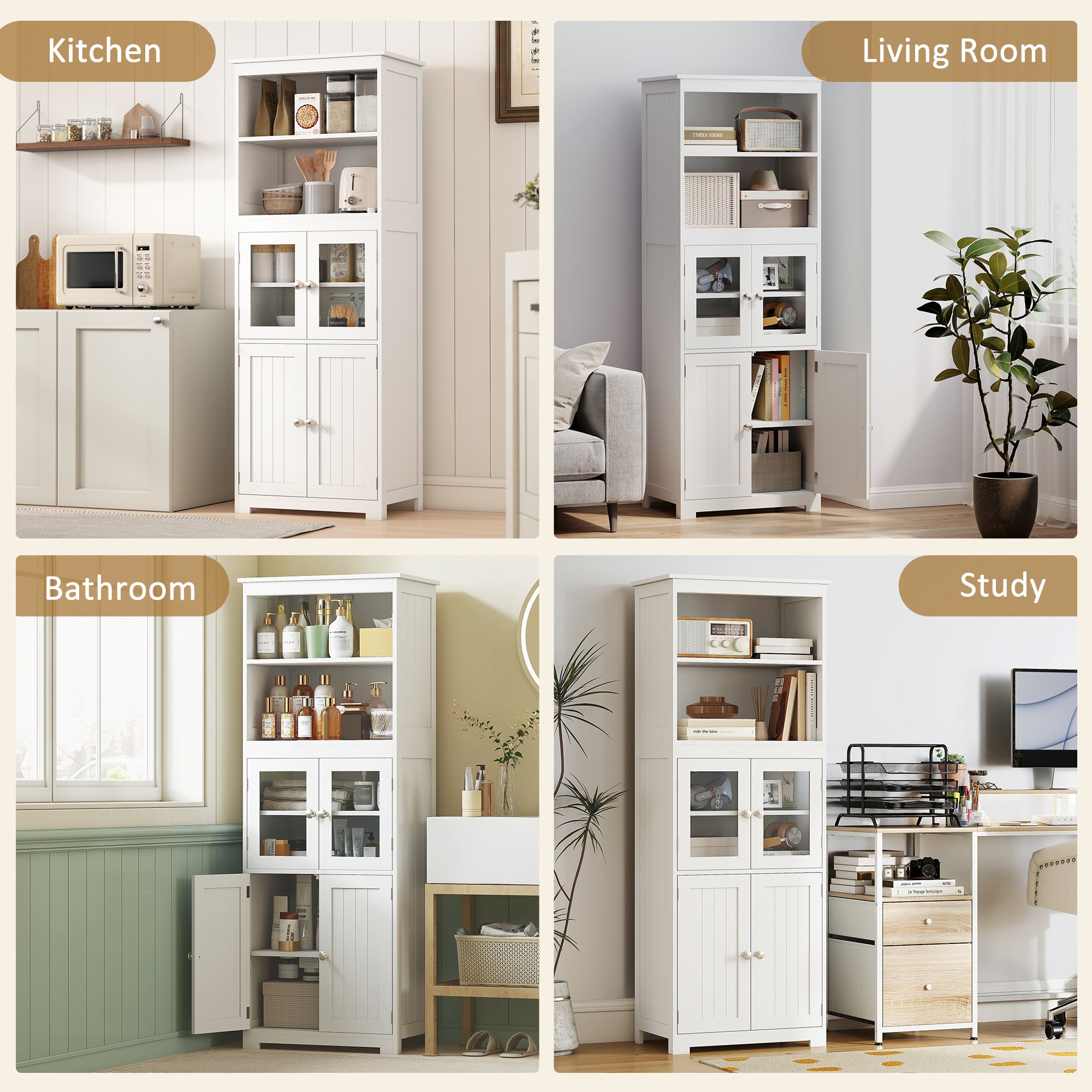 Kitchen Pantry Cabinet 63" White Glass Door-DECOROLALA