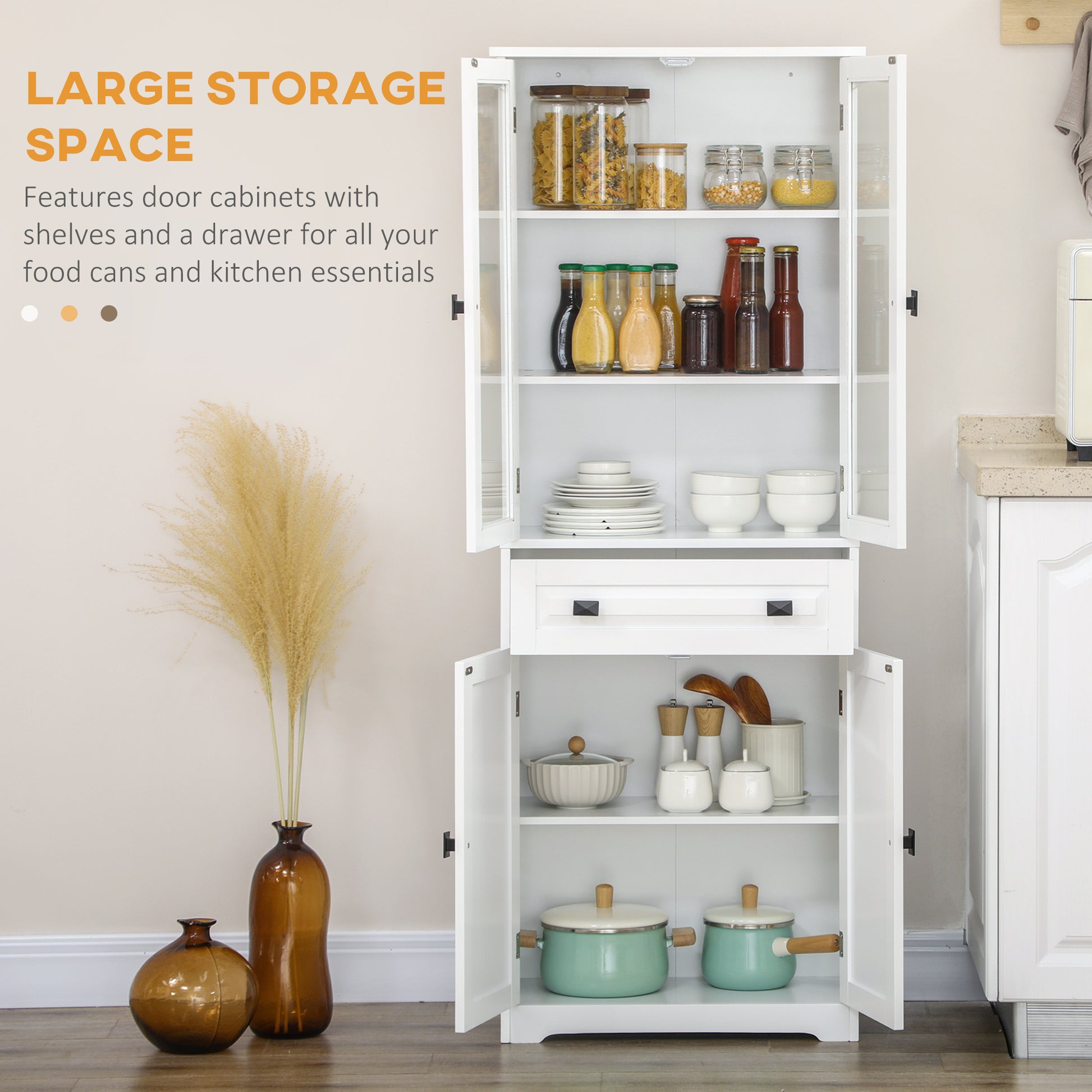 Kitchen Pantry Cabinet 63" White Glass Doors-DECOROLALA