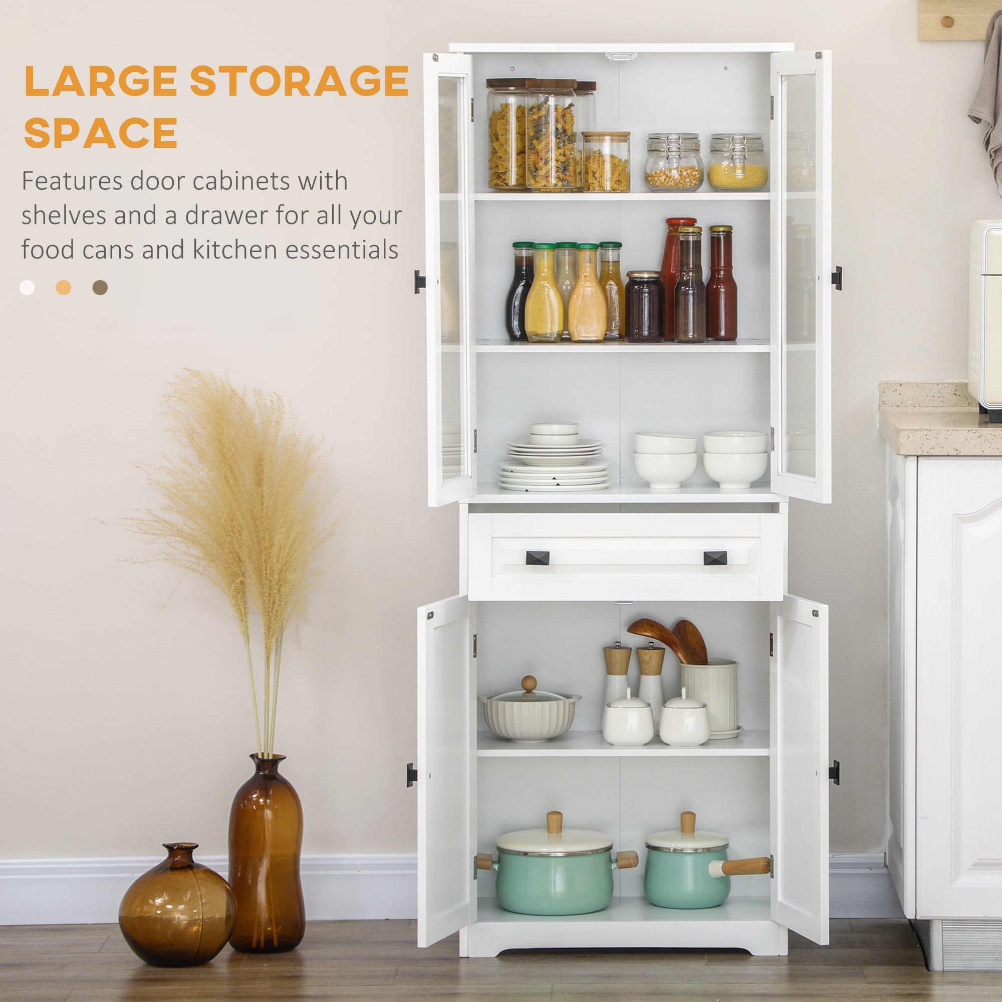 Kitchen Pantry Cabinet 63" White Glass Doors-DECOROLALA