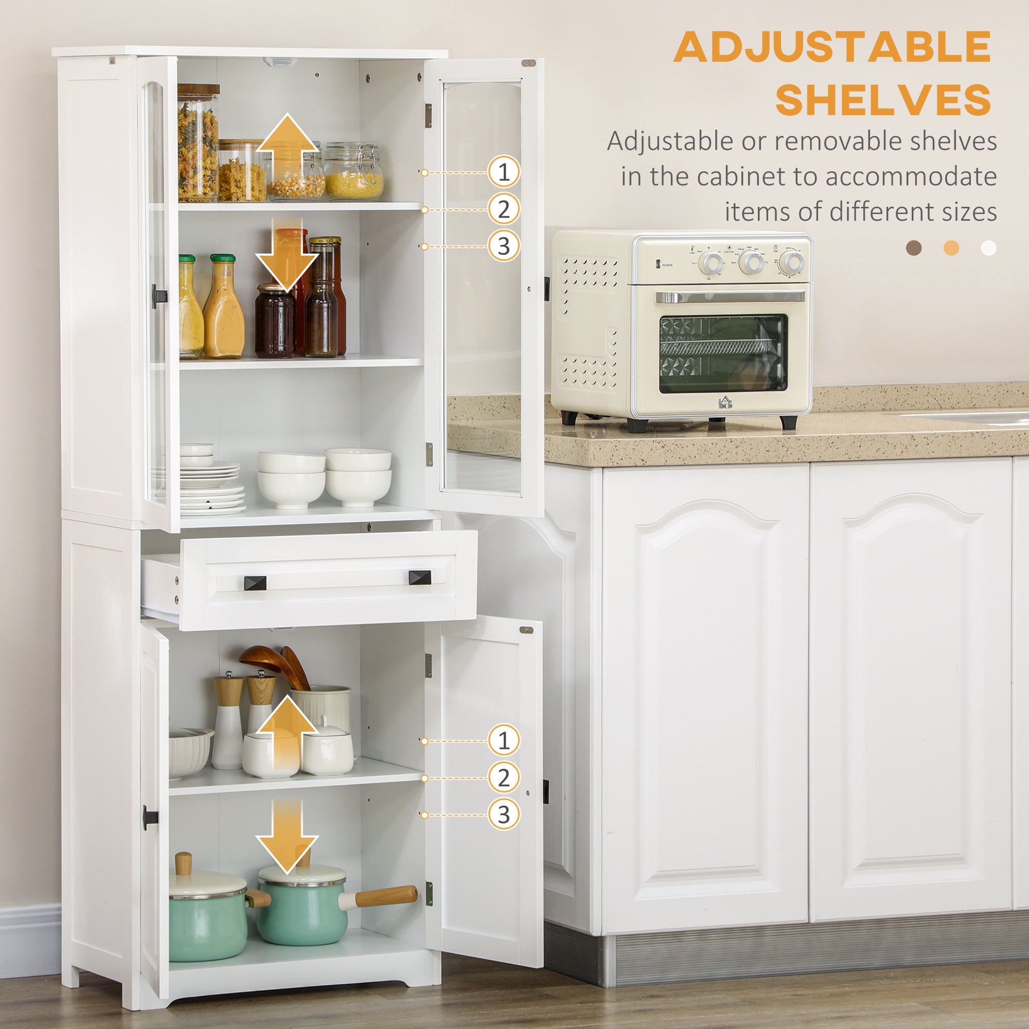 Kitchen Pantry Cabinet 63" White Glass Doors-DECOROLALA