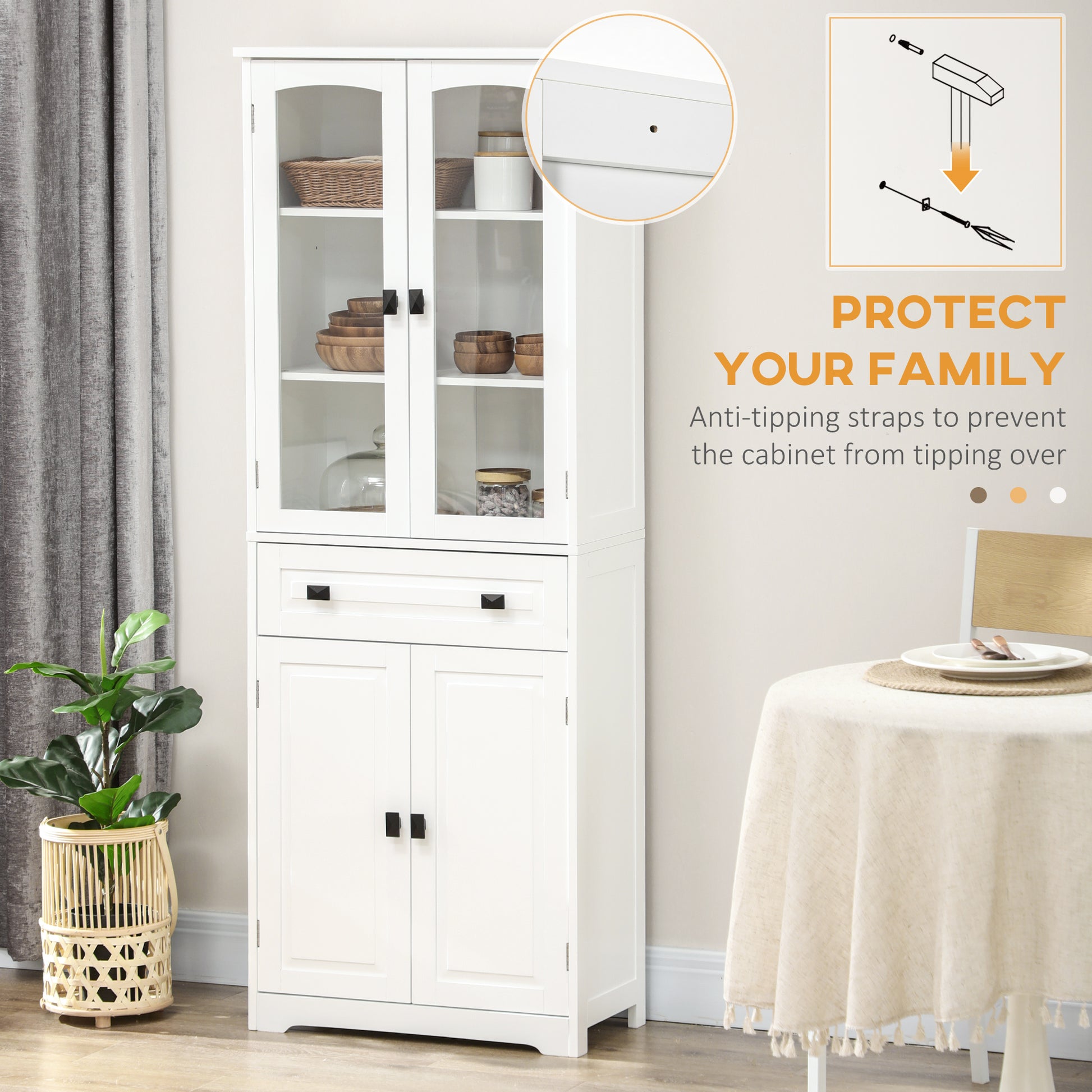 Kitchen Pantry Cabinet 63" White Glass Doors-DECOROLALA